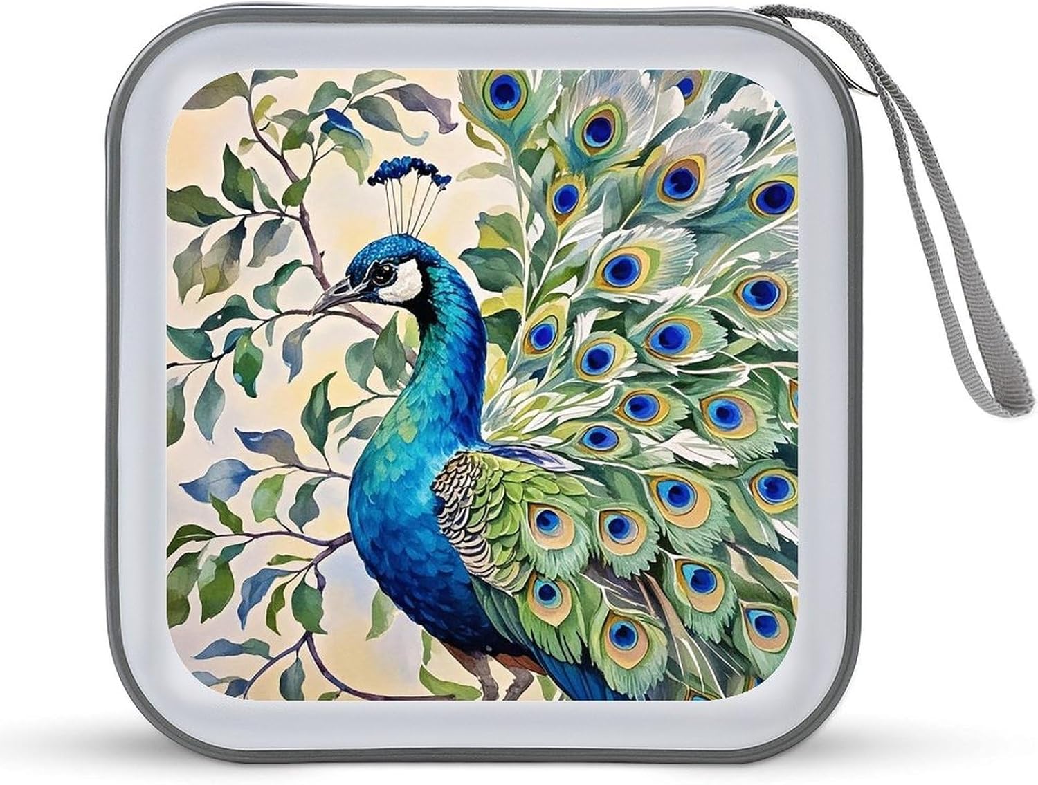 Peacock Watercolor Painting DVD Case, 40 Capacity CD Case Holder with Zippers, Portable CD Holder Hard Plastic Disc Cases Personalized DVD Wallet Organizer for Car Home Travel