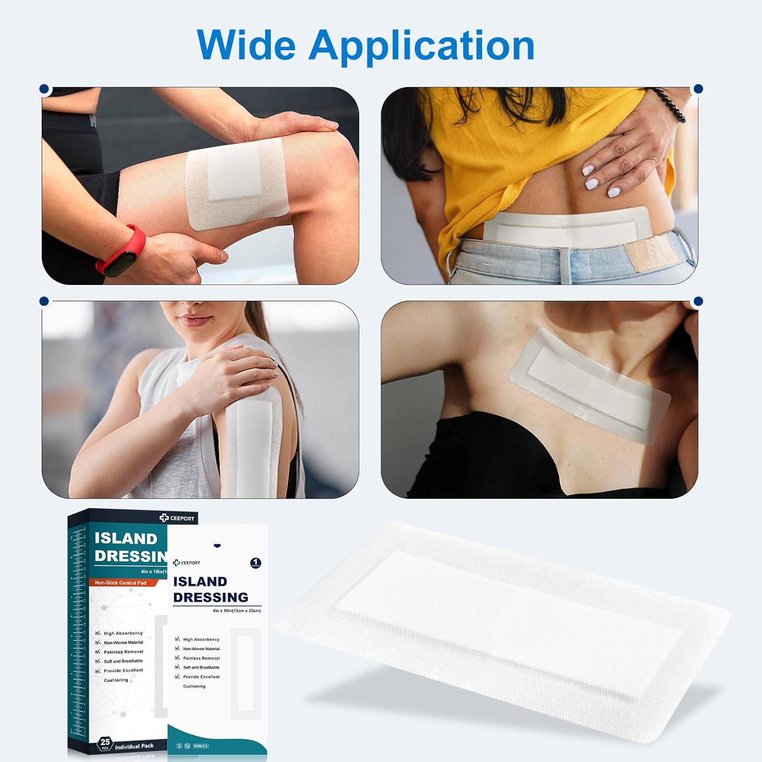 Island Dressing Bordered Gauze 4"x10", 25 Individually Packed Non-Stick Pad in Center with Adhesive Border,Soft & Highly Absorbent Medical Grade Dressing Gauze Pad for Wound Care and First Aid - Image 5