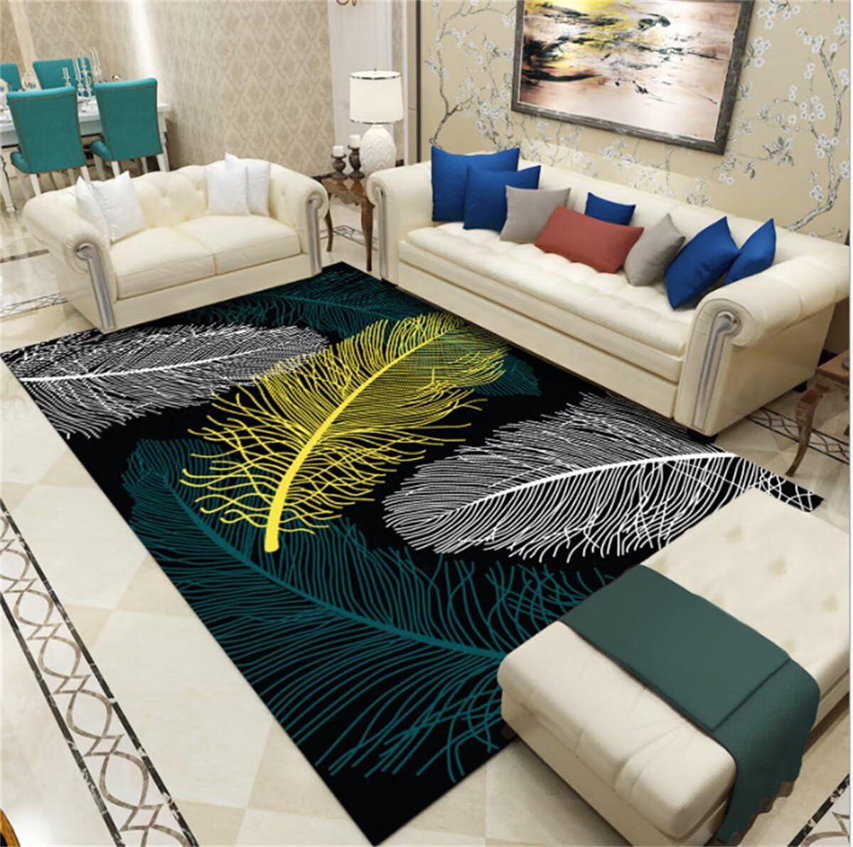 Tapis pour chambre d'ado chic et grand tapis de salon imprimé plumes 80x120cm