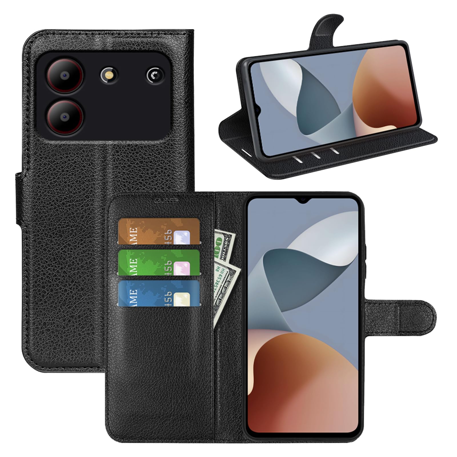 MQERYBV Custodia Cover per ZTE Blade A54,con Protettiva in Vetro Temperato TPU Antiurto PU Pelle Premium Portafoglio Supporto Stand Carta Fessura Magnetica Custodie di Pelle Flip Case Nero