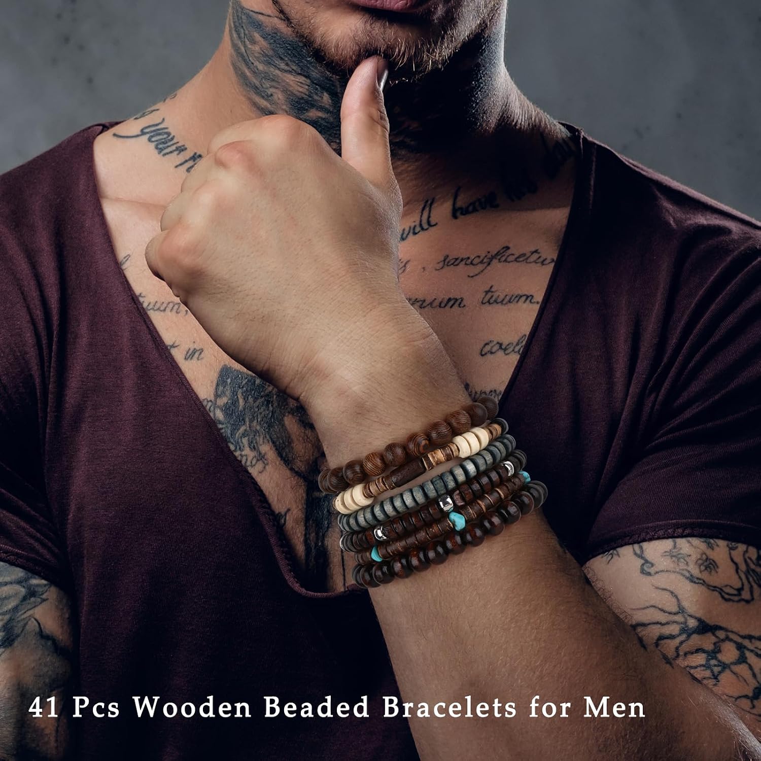 Giovanchi 41/44 PCS Wooden Beaded Bracelets for Men Larger Size Adjustable Punk Braided Wooden Bracelet Bulk Wood Bangles Wristbands Meaningful Jewelry Gift