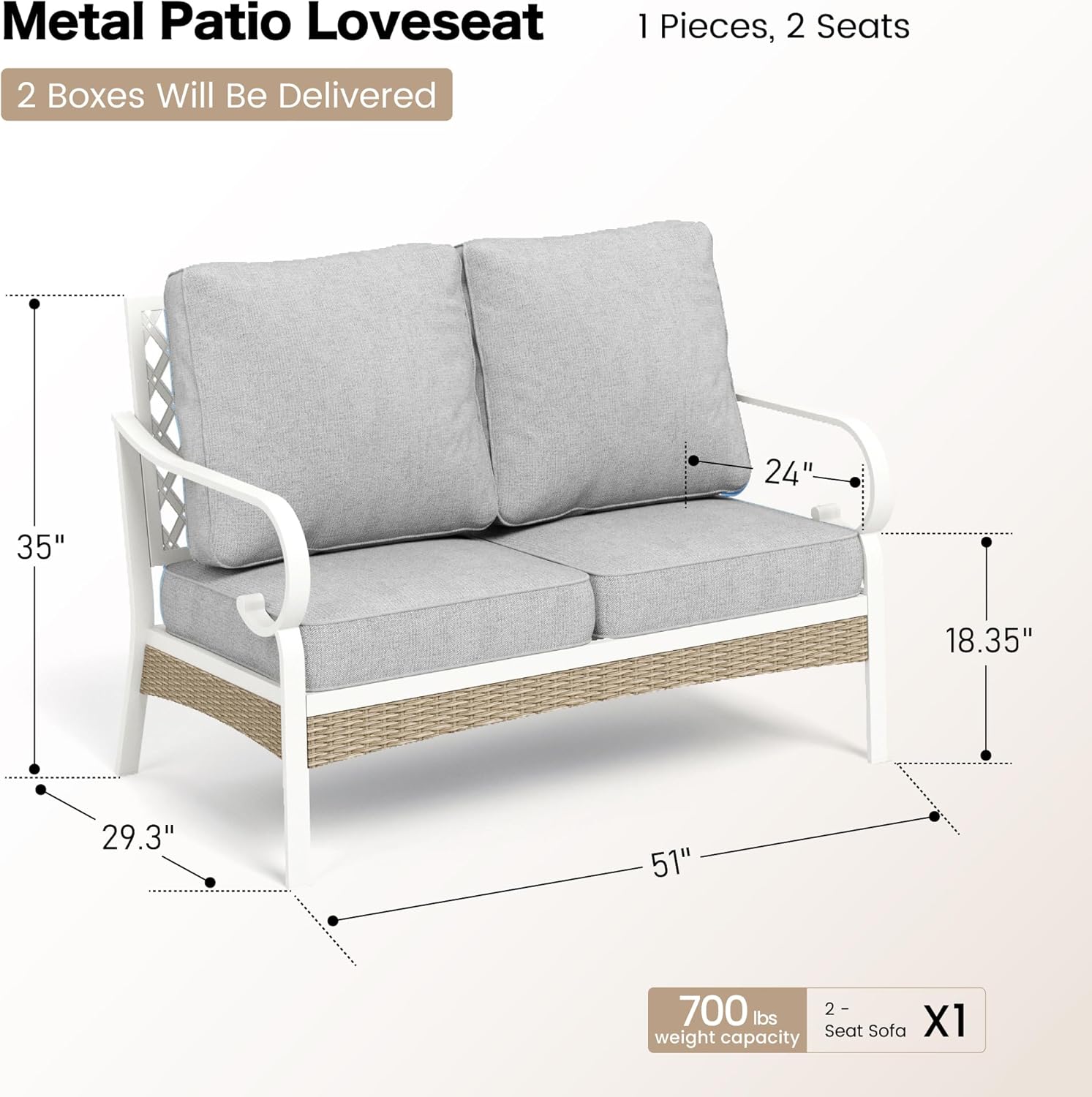 SUNSHINE VALLEY Metal Patio Furniture Loveseat with 5.75" Extra Thick Waterproof Cushion, 2-Seater Deep Seating & High-Back White Outdoor Couch All Weather Outdoor Seating for Gazebo Porch, Light Gray
