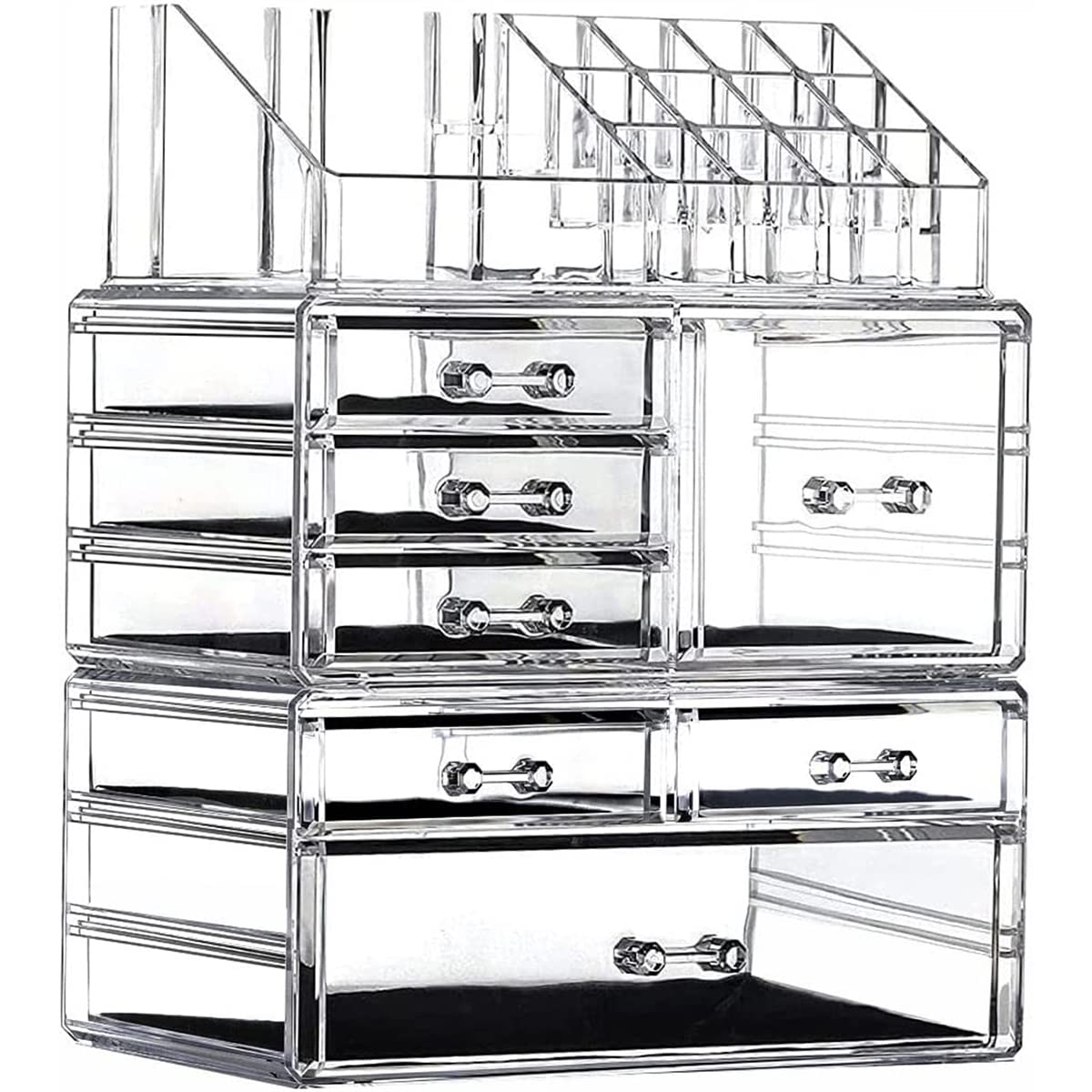 Organizer per Trucco in Acrilico,7 cassetti e 16 Organizer per Trucco a griglia con custodie per Cosmetici,9,5" X6,5 X11,8,Set da 2 Pezzi Trasparenti,Trasparente