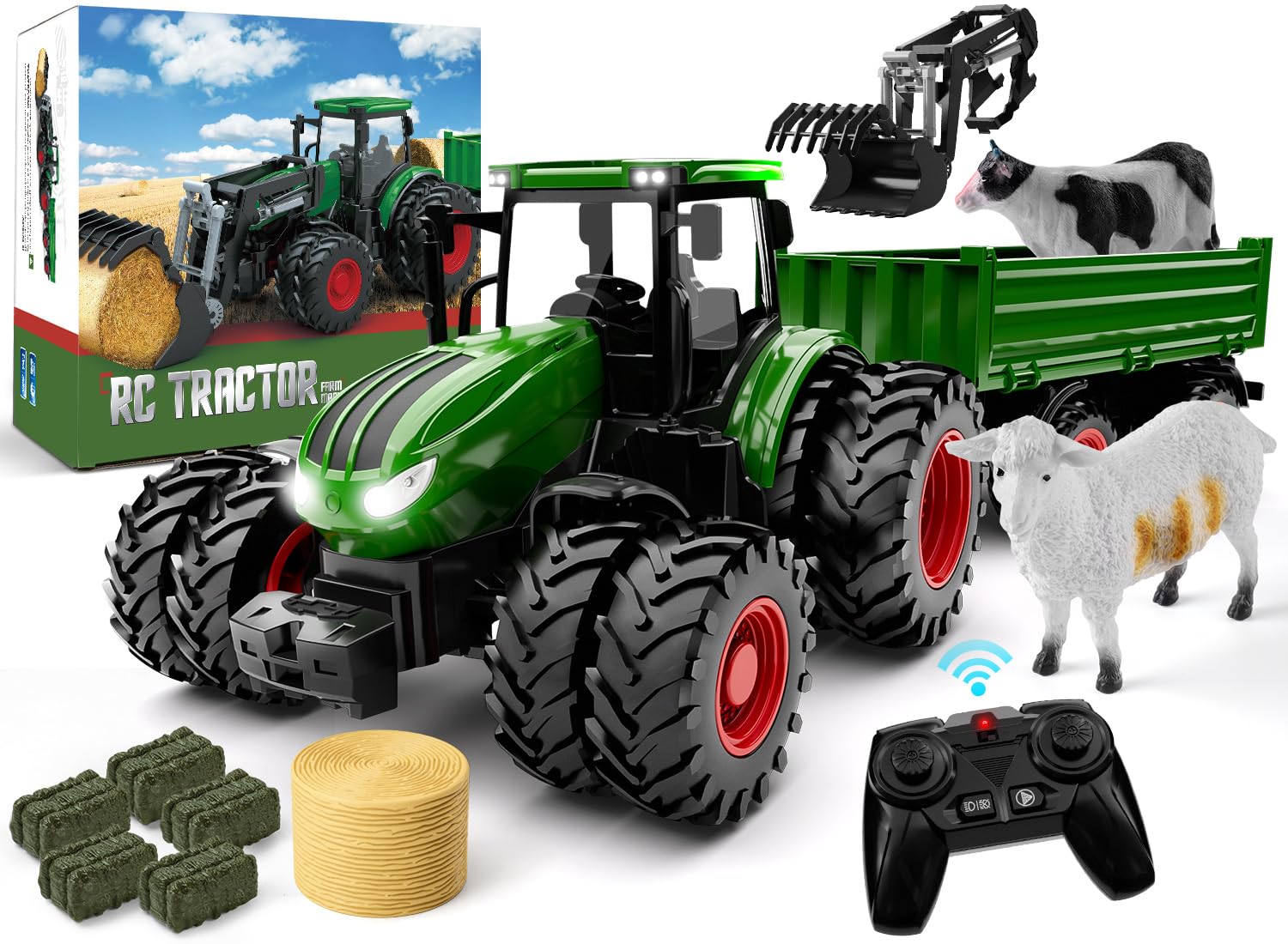 WELIN Remote Control Tractor and Trailer Toys - Rechargeable RC Tractor Playset with Metal Car Head/Lights/8 Wheels, Green Farm Truck Vehicles Toy Set, Birthday Gifts for Kids Boys Ages 3+