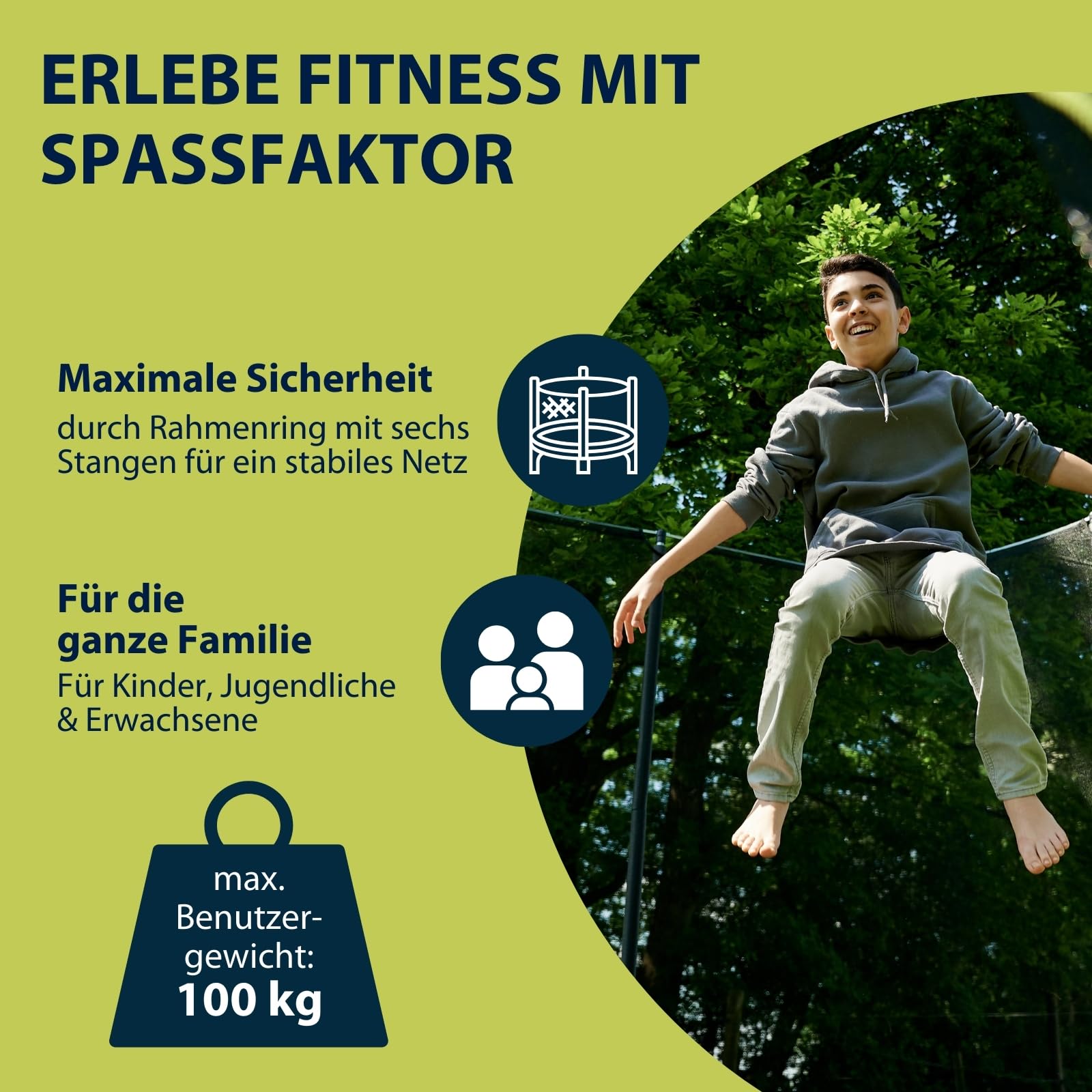 HUDORA Fabulous Trampolin - Trampolin Outdoor mit Sicherheitsnetz - Gartentrampolin für Kinder, Jugendliche und Erwachsene - Mehrfarbig