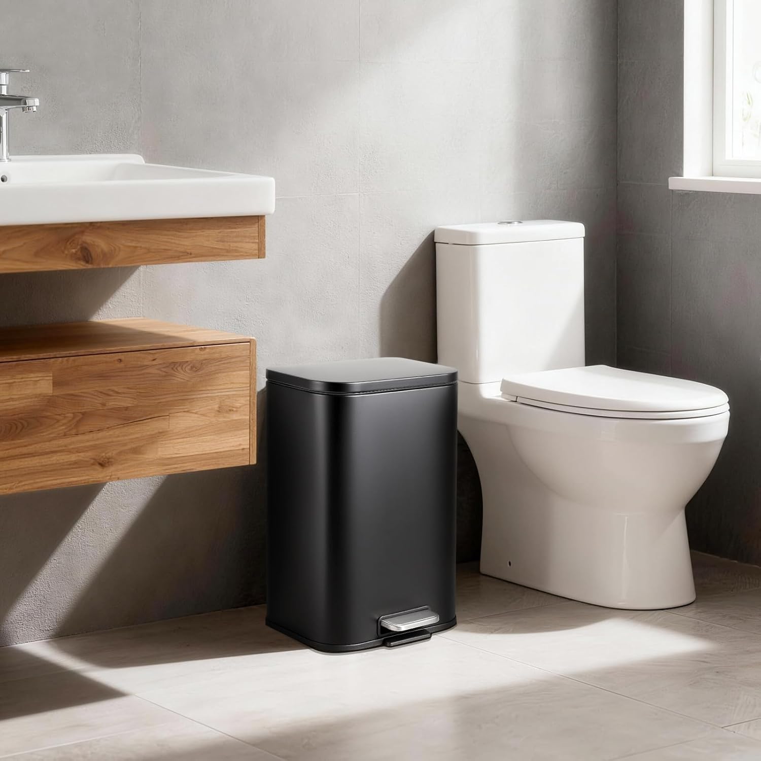 Garvee 3.2 Gallon Trash Can for Kitchen, Stainless Steel Step Trash Can with Soft-Close Lid & Removable Inner Bucket, Rectangular Garbage Can for Office Bathroom Living Room, Black