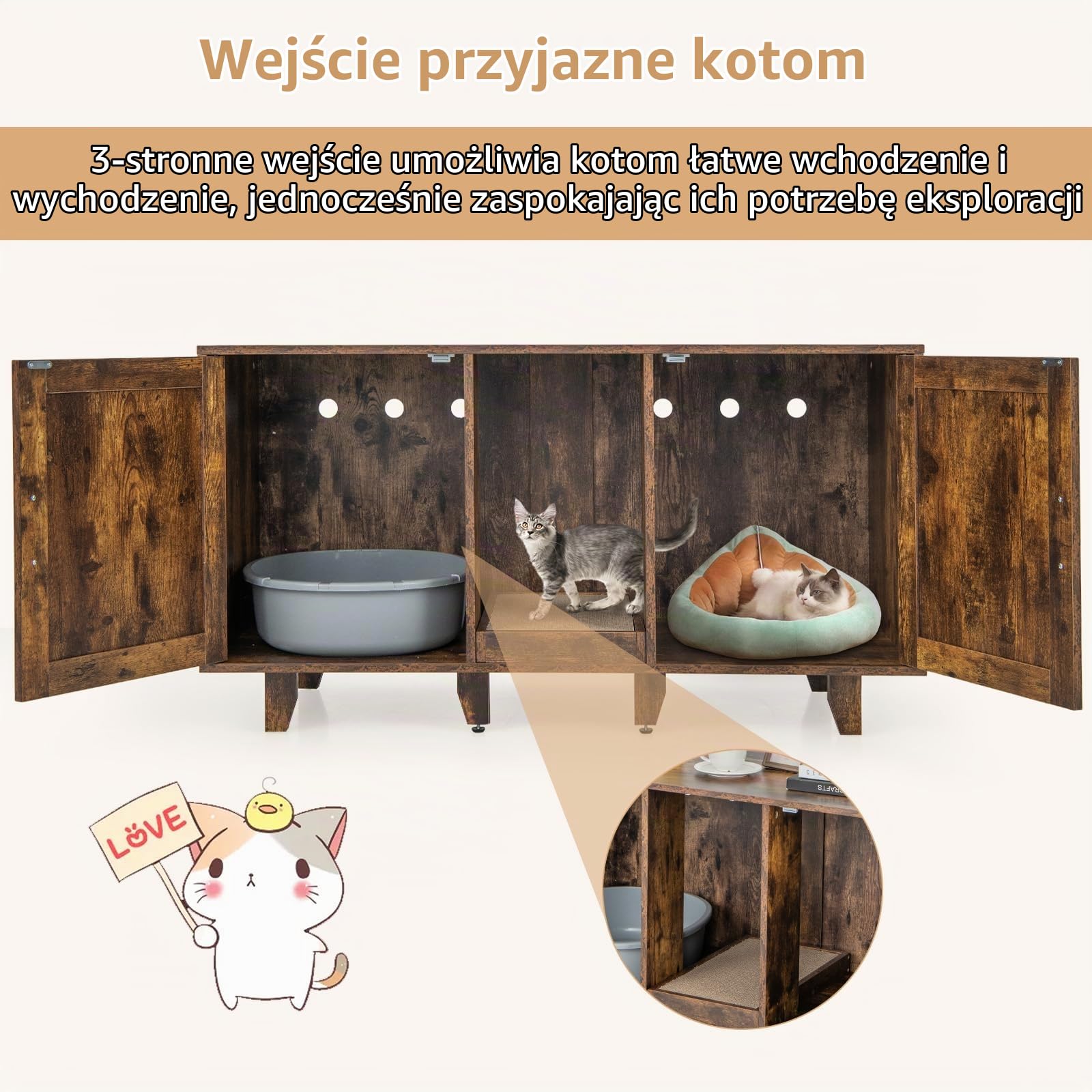 GOPLUS Szafka dla kota 3 w 1, toaleta dla kota z 2 drzwiami i zdejmowanymi nogami i wyjmowaną deską do drapania, jaskinia dla kota, stolik boczny, stojak pod TV dla 2 kotów, 120x52x65cm (Vintage)