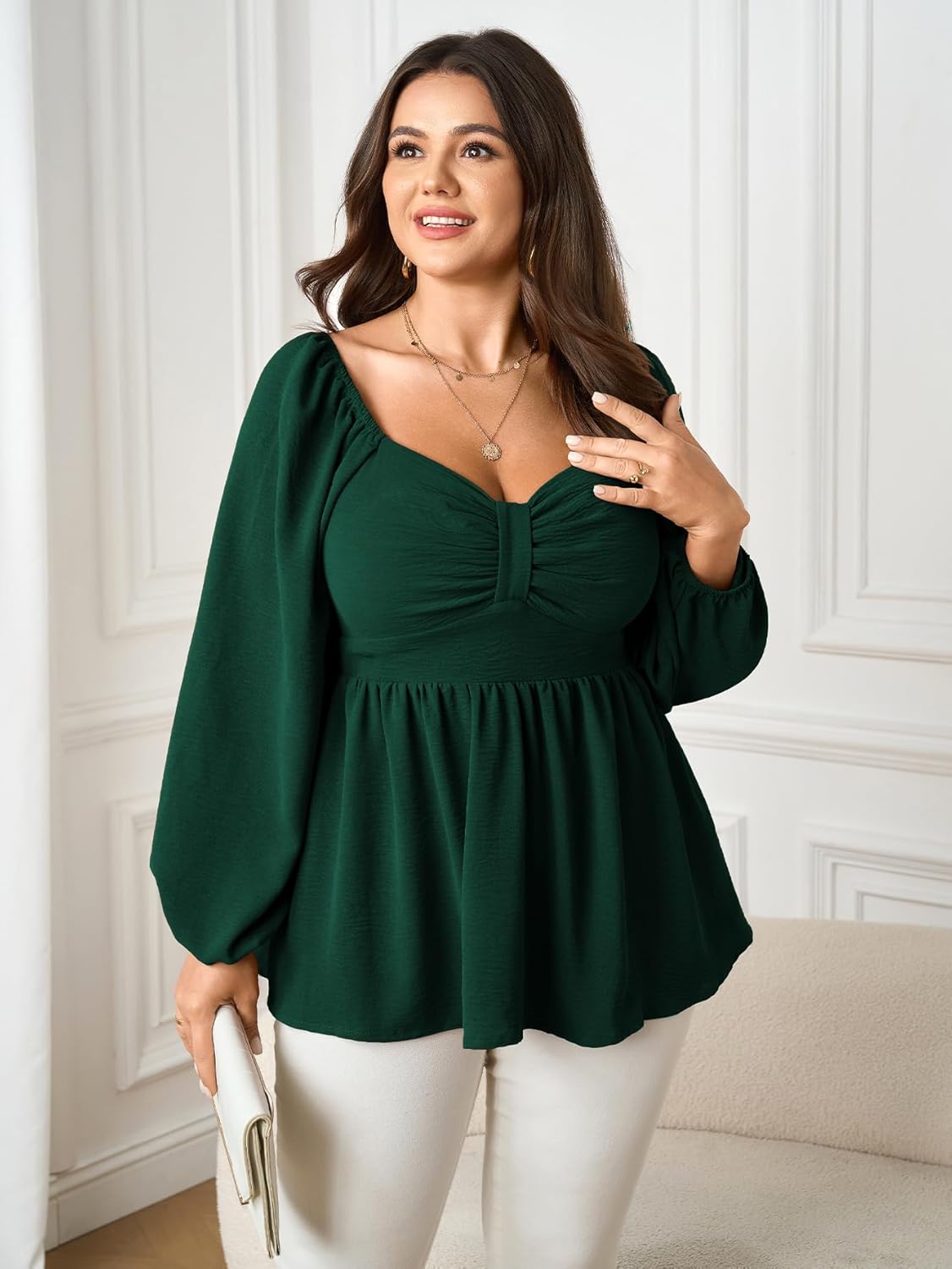 SCOMCHIC Women's Plus Size Blouses Long Sleeve Sweetheart Neckline Babydoll Ruffle Peplum Smocked Cute Casual Fall Tops - Image 2