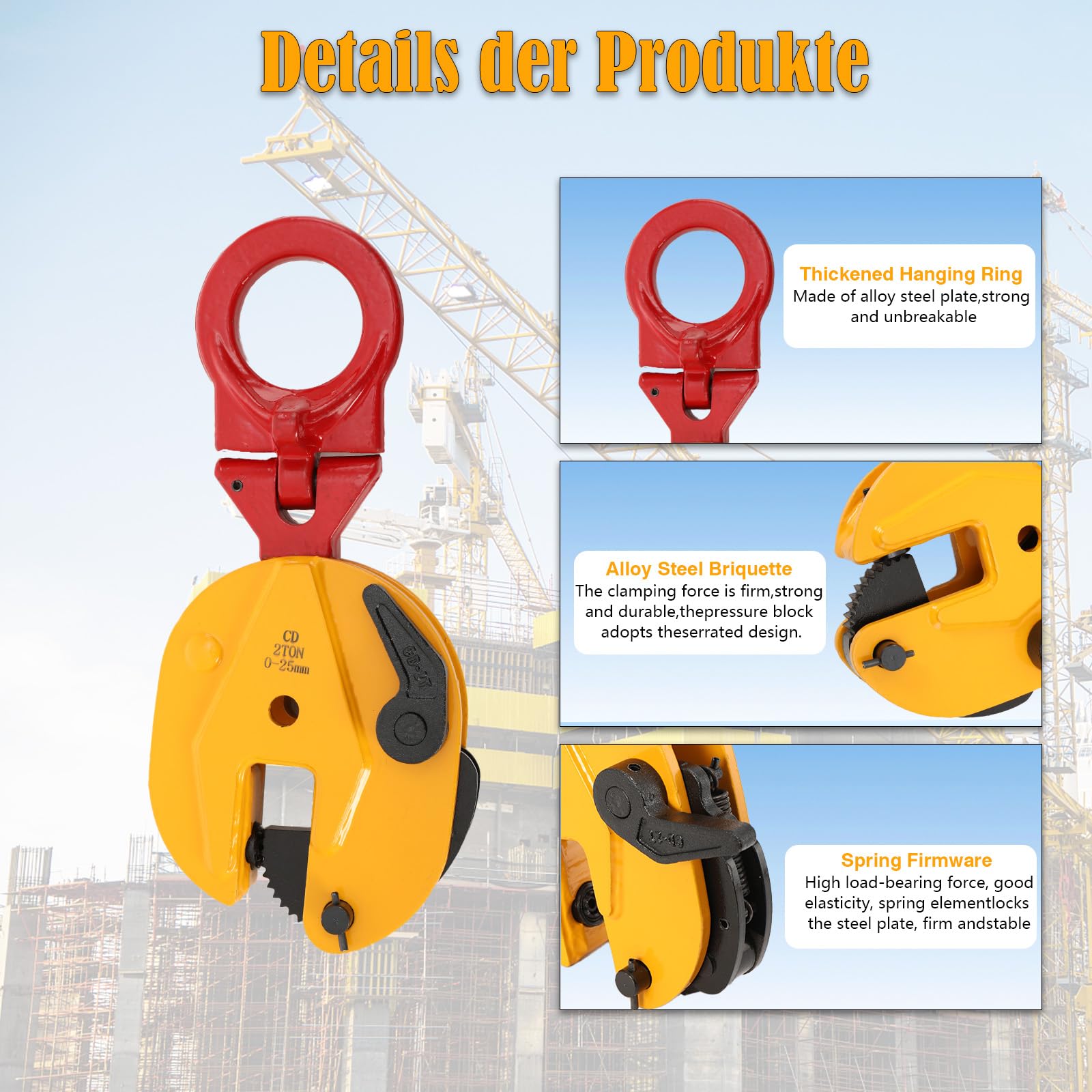 2 Tonnen Vertikale Plattenhebeklemme Blech Hebeklemme Platte Stahlplatten Blechgreifer Vertikalklemme Hebeklemmen zum Anheben und Transportieren, Gelb
