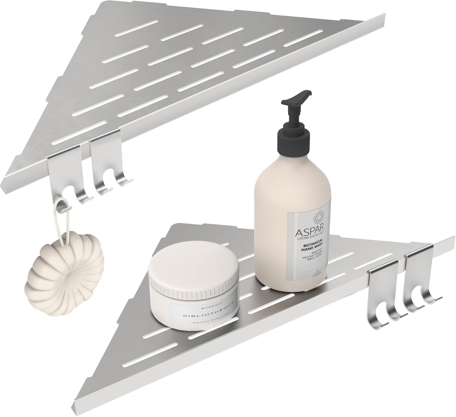 Corner Shower Shelf 10'', 304 Stainless Steel Corner Shelf 2 Pack, Grout in Bathroom Shelves for Tiled Wall, Recessed Shower Shelves Caddy with 4 Hooks, No Drilling (Matte Black)