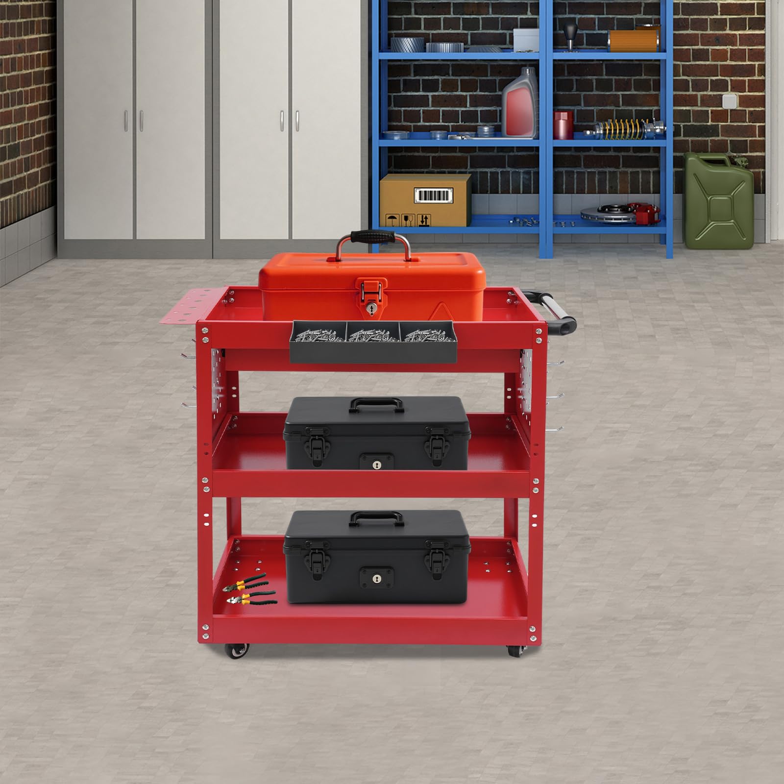 Carrello portautensili professionale da officina a 3 piani con cassetto e chiave, portata 250 kg, 4 ruote (2 freni), 77 x 81 cm, carrello da officina in acciaio per attrezzi e accessori (rosso)