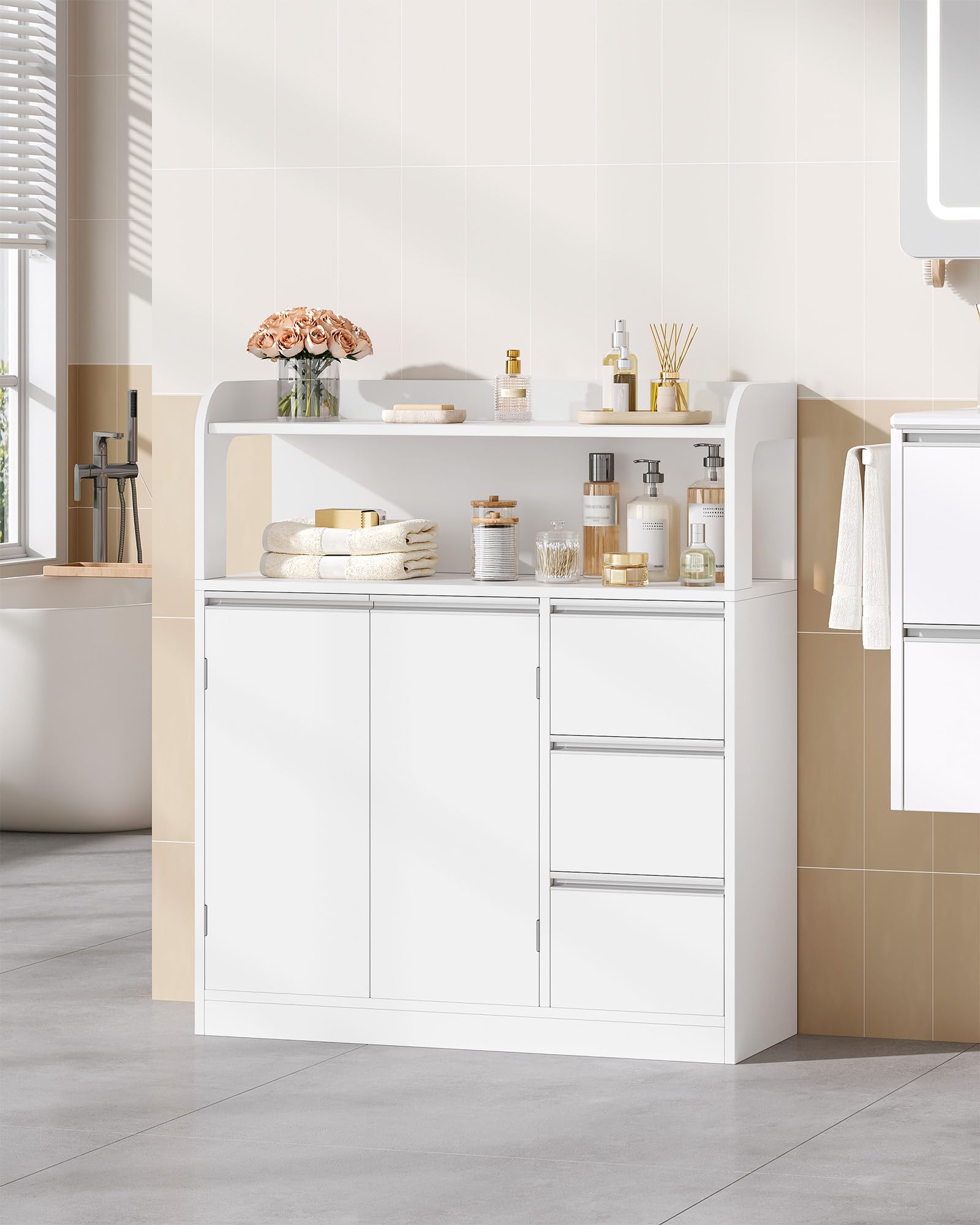 Hzuaneri Meuble Salle de Bain, Meuble de Rangement avec 3 Tiroirs et 2 Portes, Armoire sur Pied avec Étagère Réglable, Commode, Moderne, pour Salon, Salle de Bain, 30 x 80 x 92 cm Blanc 5280003X