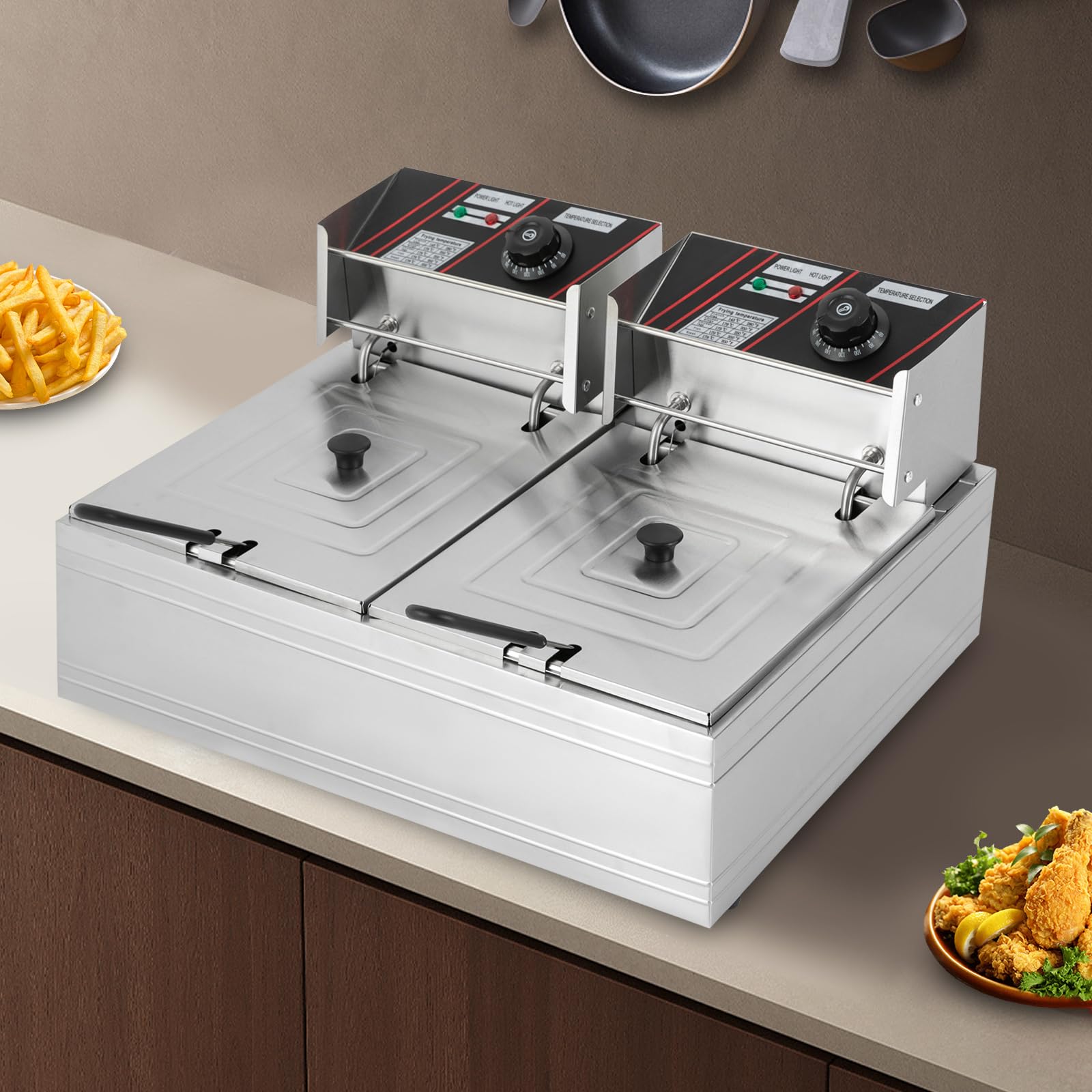 Freidora eléctrica doble de 12 litros, 5000 W, 2 x 2,5 kW, acero inoxidable, freidora profesional para restaurante o aperitivo y hogar, tapa de seguridad