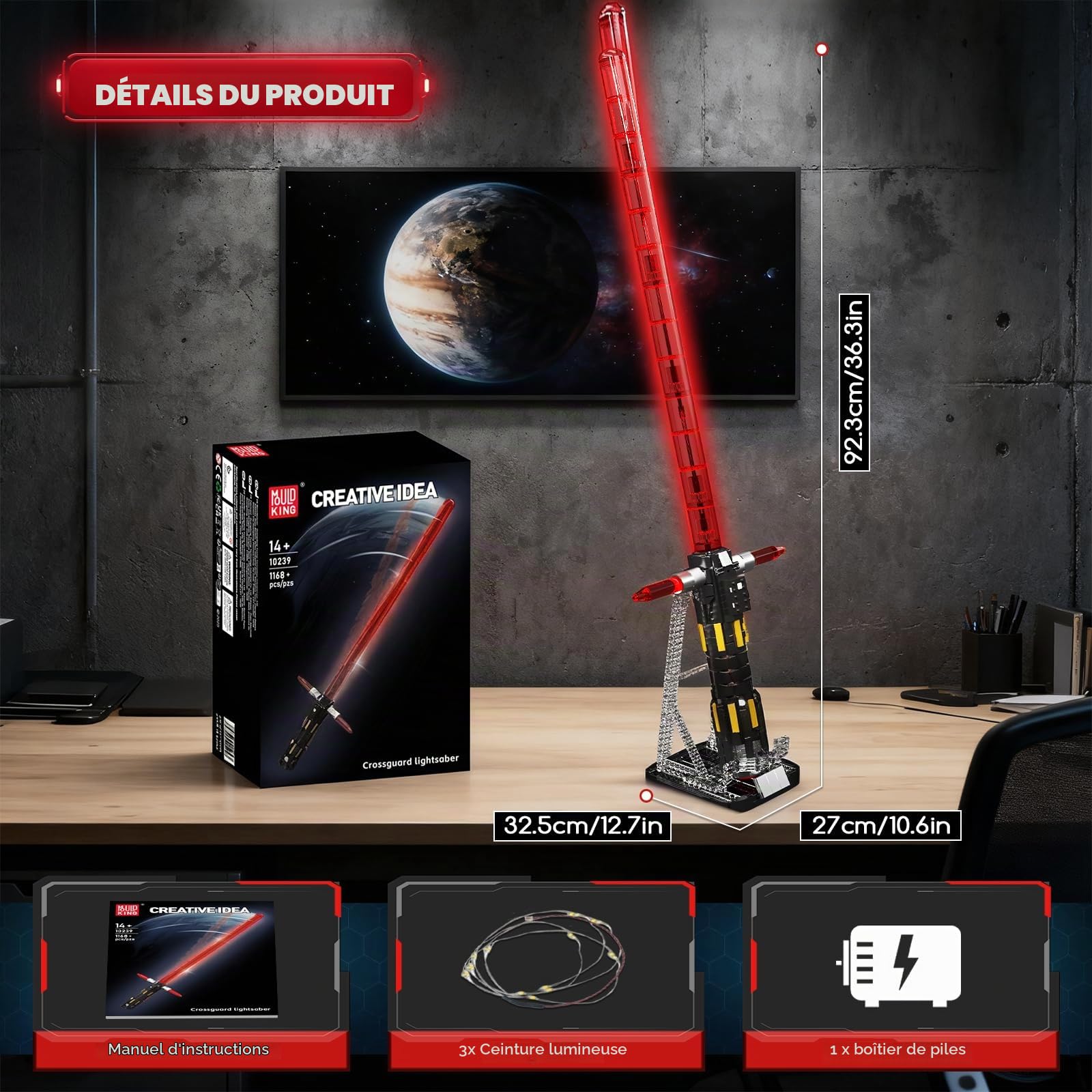 Mould King 10239 Ensemble de Construction Sabre Laser à Garde croisée, Sabre Laser avec Support, LED Rechargeable, Convient aux Adultes et aux Enfants, Jeu de rôle (1168 pièces)
