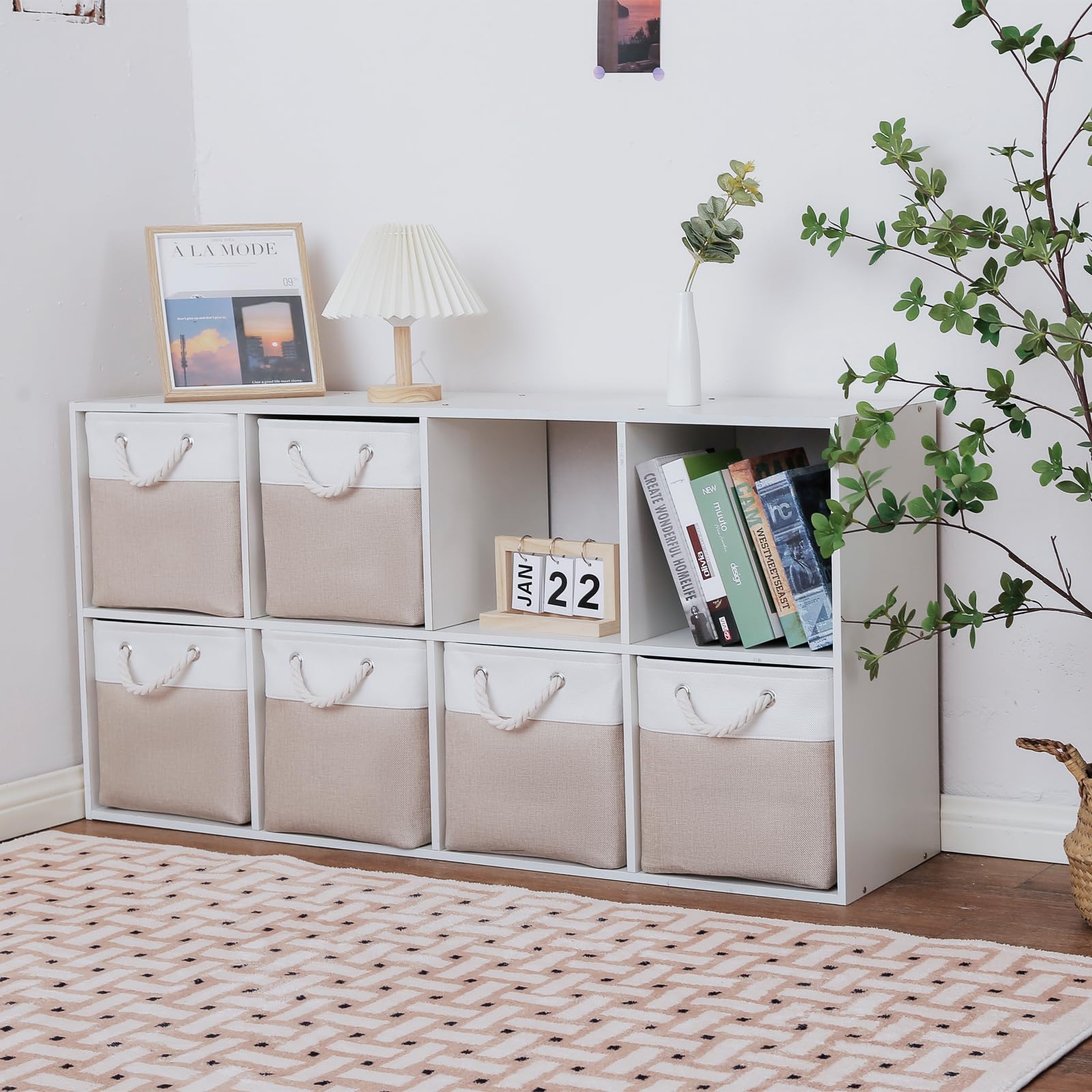 11 x 11 Inch Cube Storage Bins, 3 - Pack Large Collapsible Fabric Storage Bin with Ropes, Foldable Storage Cubes for Home, Office,Closet, Clothes, Toys Organizer (White & Beige-11"x11"x11")