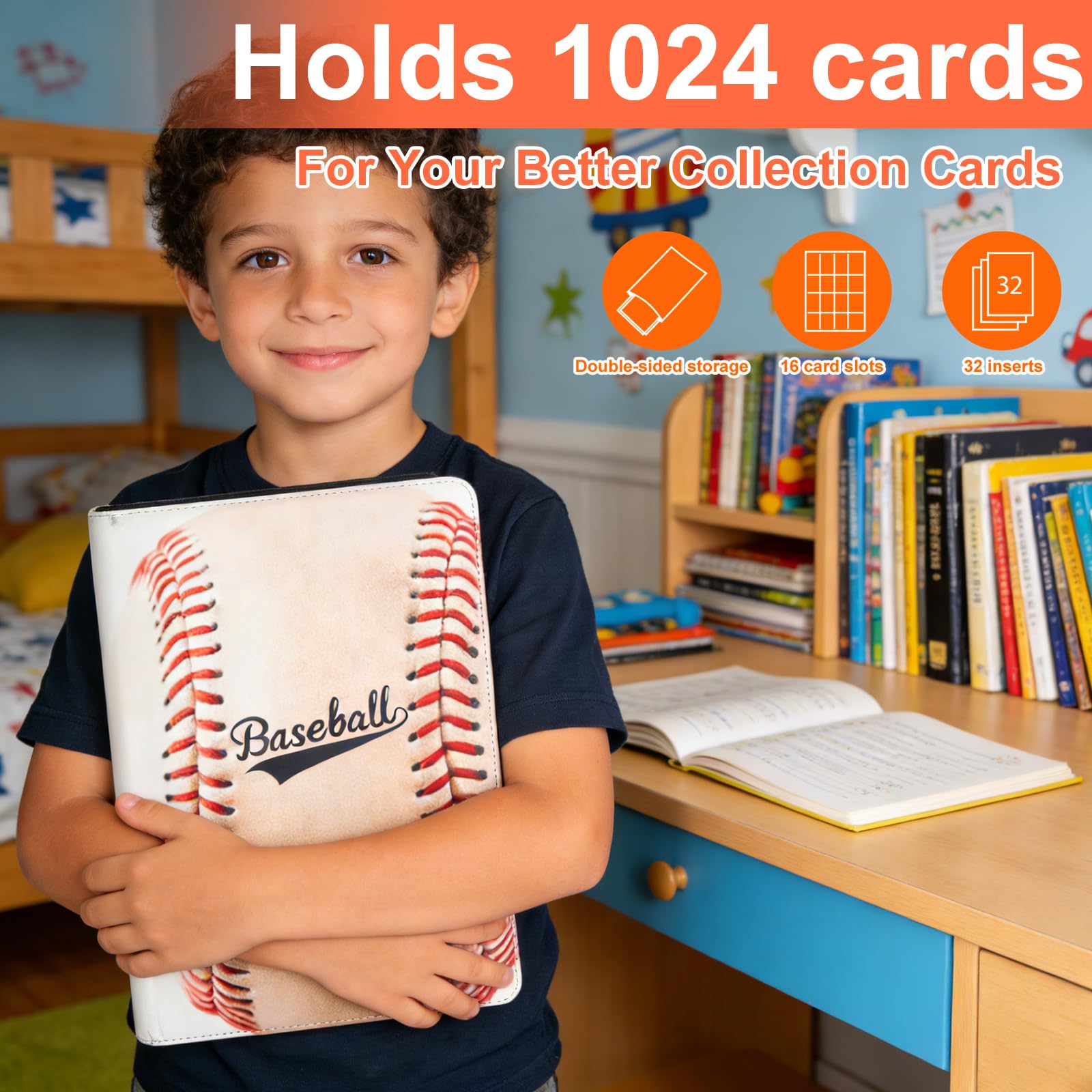 16 Pocket Card Binder mit Baseball-Muster - Hält 1024 Karten, 16 Pocket Side Loading Seiten, Reißverschluss Hardcover für Sammelkarten, Sportkarten, Baseballkarten & Sammlerstücke