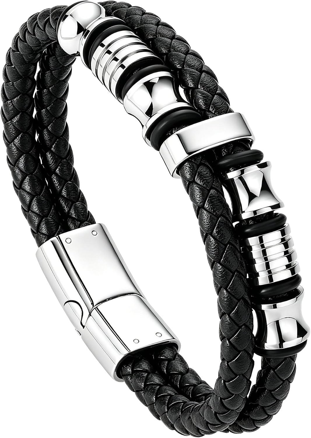 Mens Bracelet Braided Leather 316L Stainless Steel