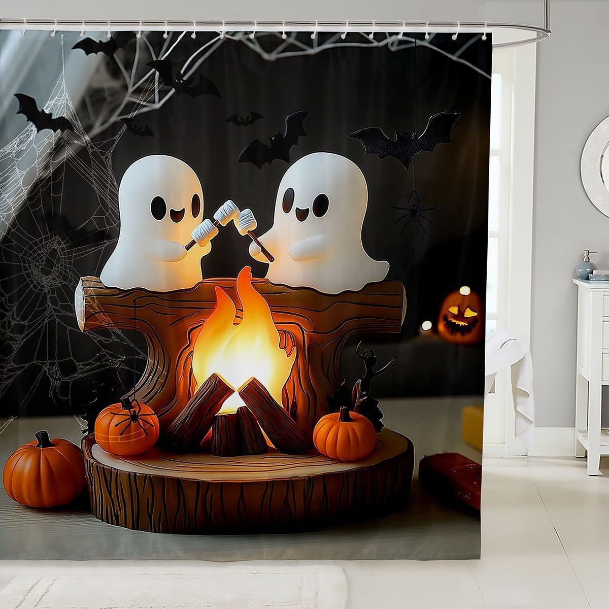 jejeloiu Kids Ghost Shower Curtain 72"x78" Boys Girls Halloween Campfire Bathroom Shower Curtain Set Cartoon Bat Black Animal Pumpkin Lantern Bath Curtain Spider Web Bathroom Accessories