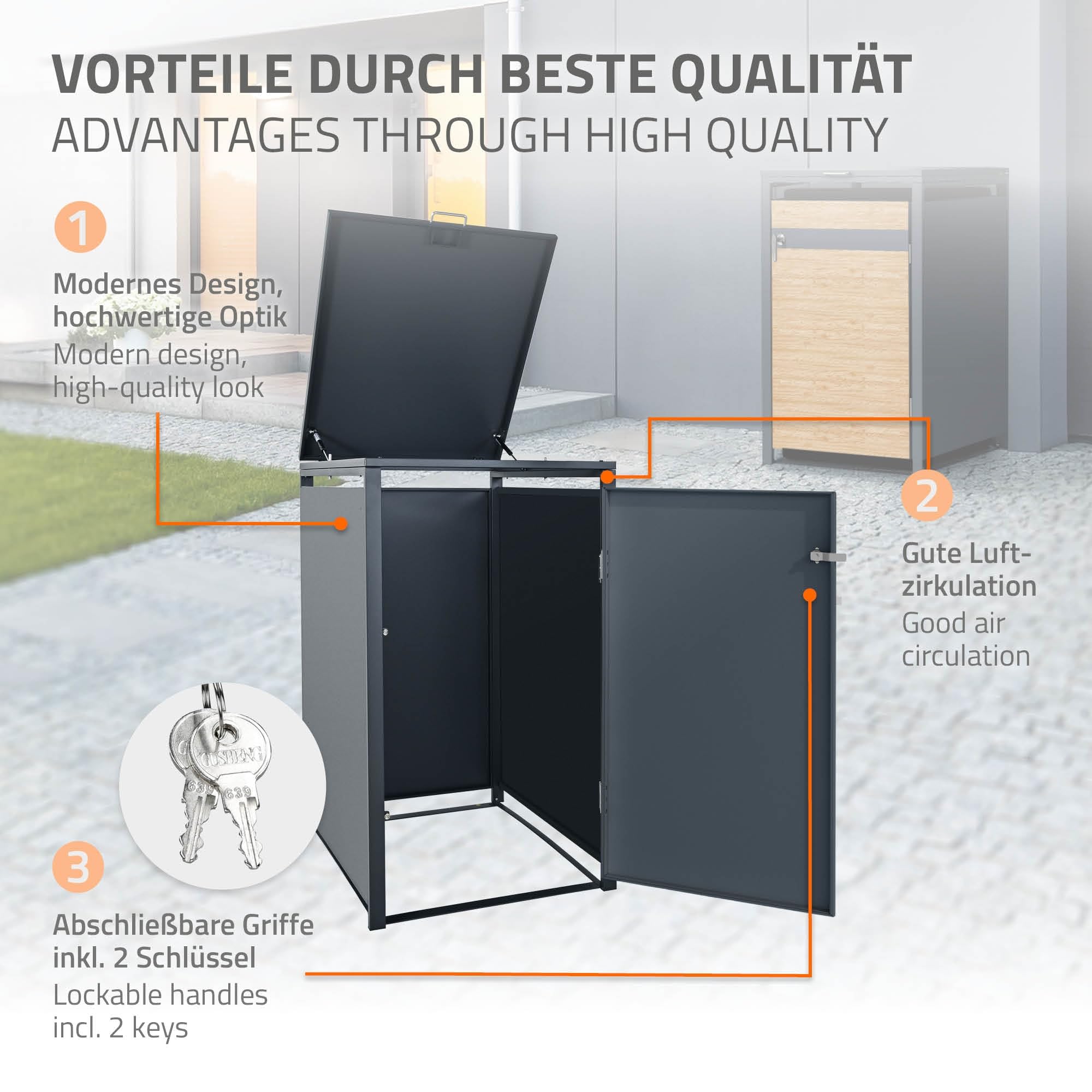 ML-Design Cobertizo de Exterior para 1 Cubo de Basura de 240L 68x80x116,3cm Antracita con Aspecto de Madera de Alerce Mueble Cubre-Contenedor de Acero Resistente con Tapa y Puerta con Cerradura