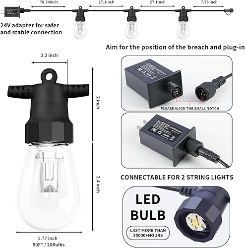 Miniatura 6 de Tira de luces para exteriores de 50 pies, luces para exteriores para patio con 20 bombillas LED RGBW regulables, IP66 impermeable e inastillable