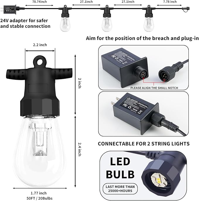Cuerda de Luces Exterior 50ft 20 Bombillos LED RGBW Dimmable IP66 miniatura 6