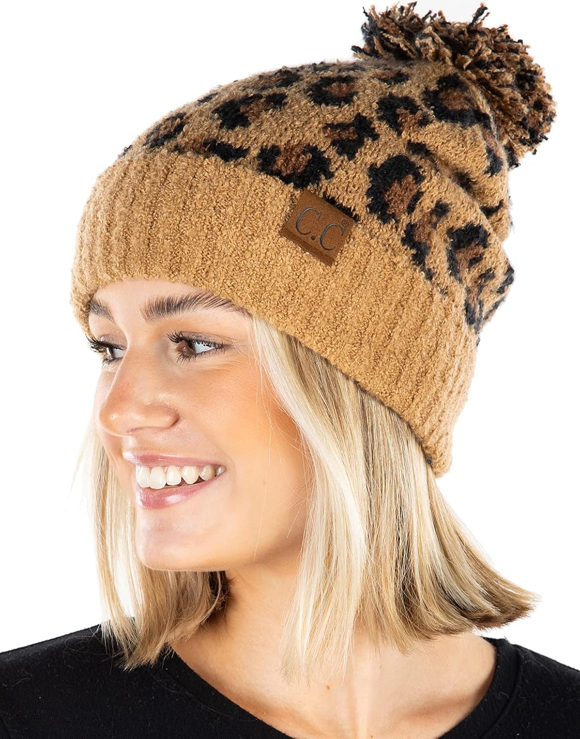 Funky Junque Women’s Leopard Print Pom Beanie & Gloves Set – Cozy Knit Winter Hat, Stylish Cheetah Cold Weather Accessories