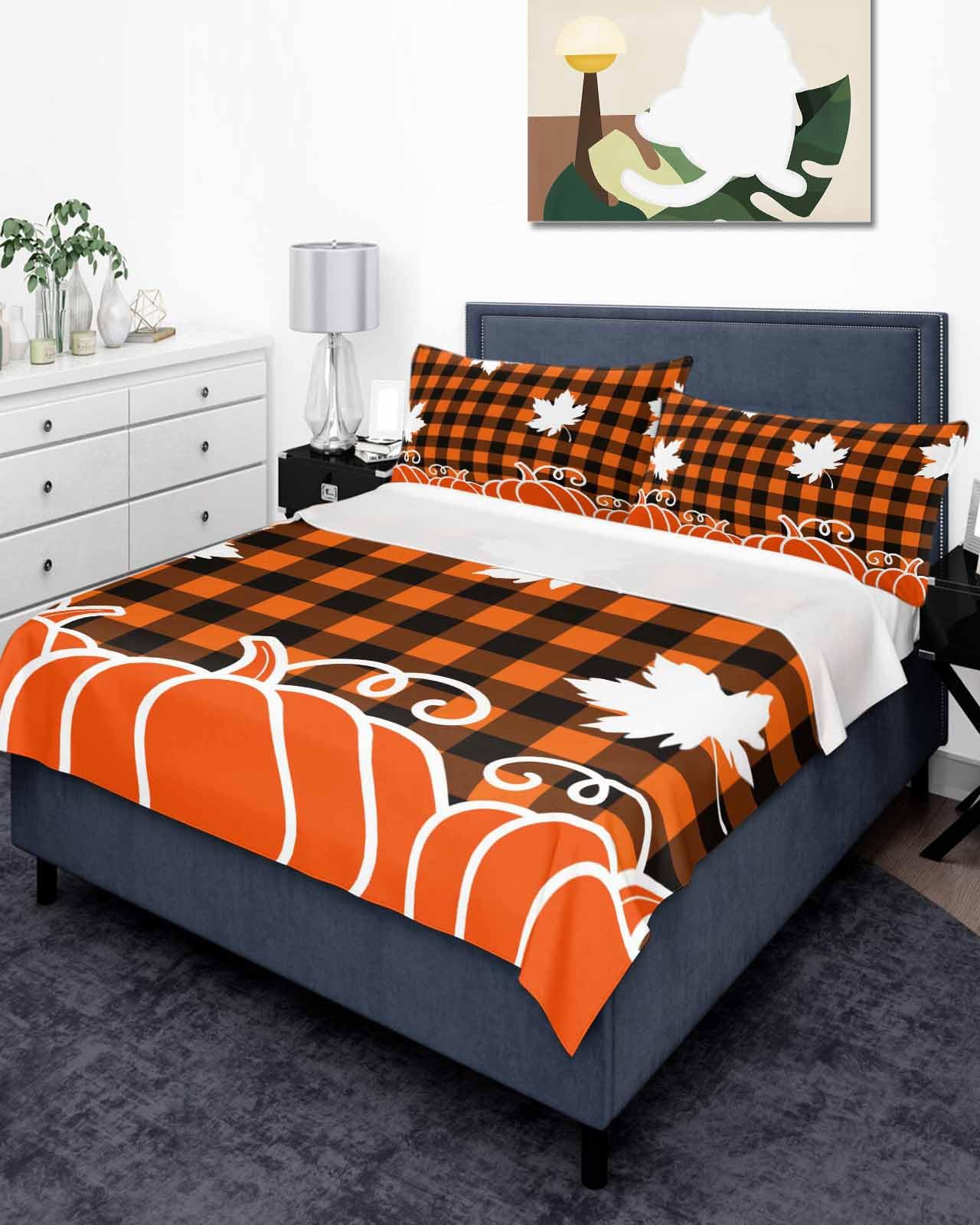 Queen Size Top Sheet Only, Autumn Pumpkin Maple Leaves Flat Sheet Microfiber Breathable Soft Bed Sheets, Black Orange Buffalo Check Hotel Bedding Flat Sheets for Bedroom