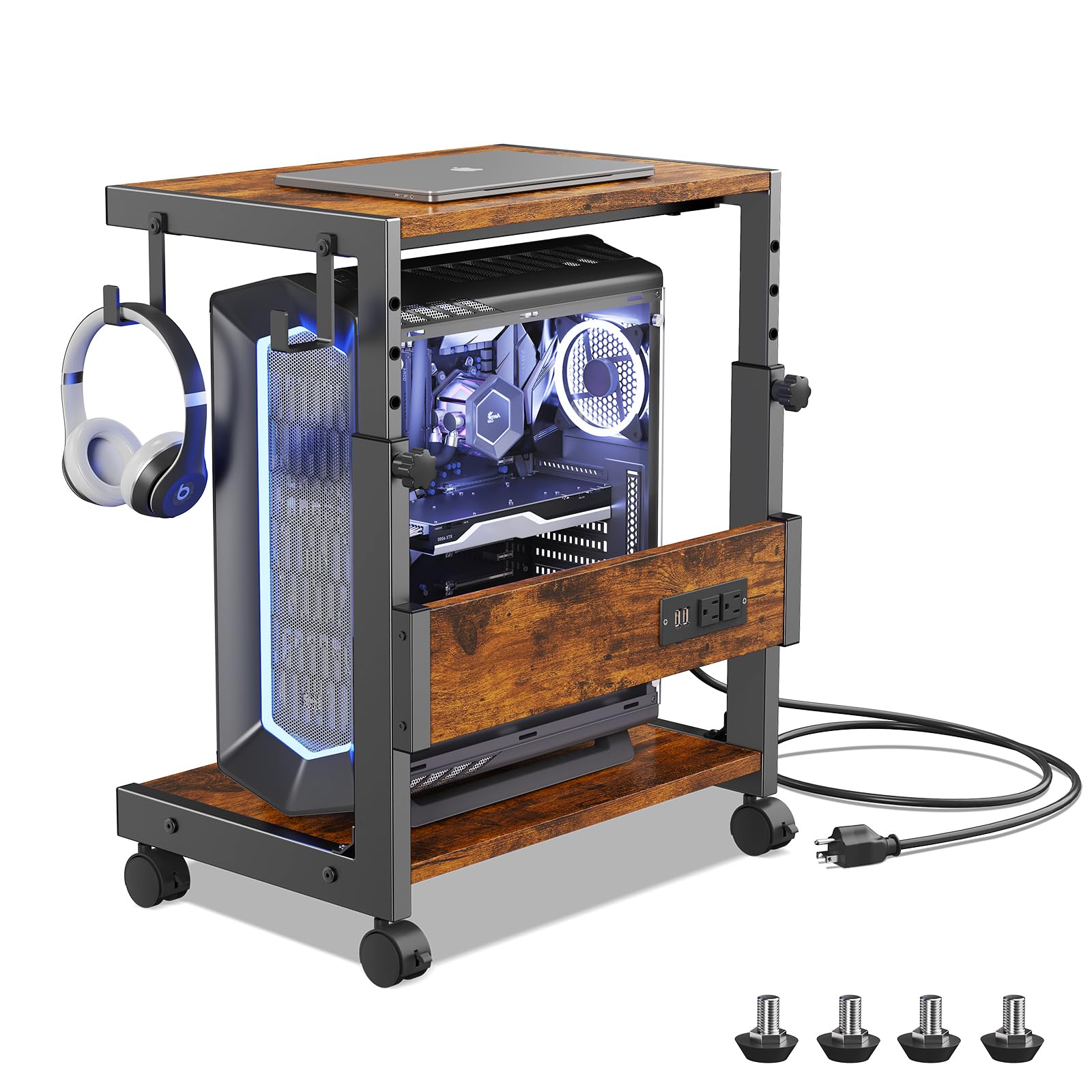 Hovadova Computer Tower Stand with Charge Station and USB Charging Port - Height Adjustable PC Tower Stand, Under Desk CPU Holder Cart with Locking