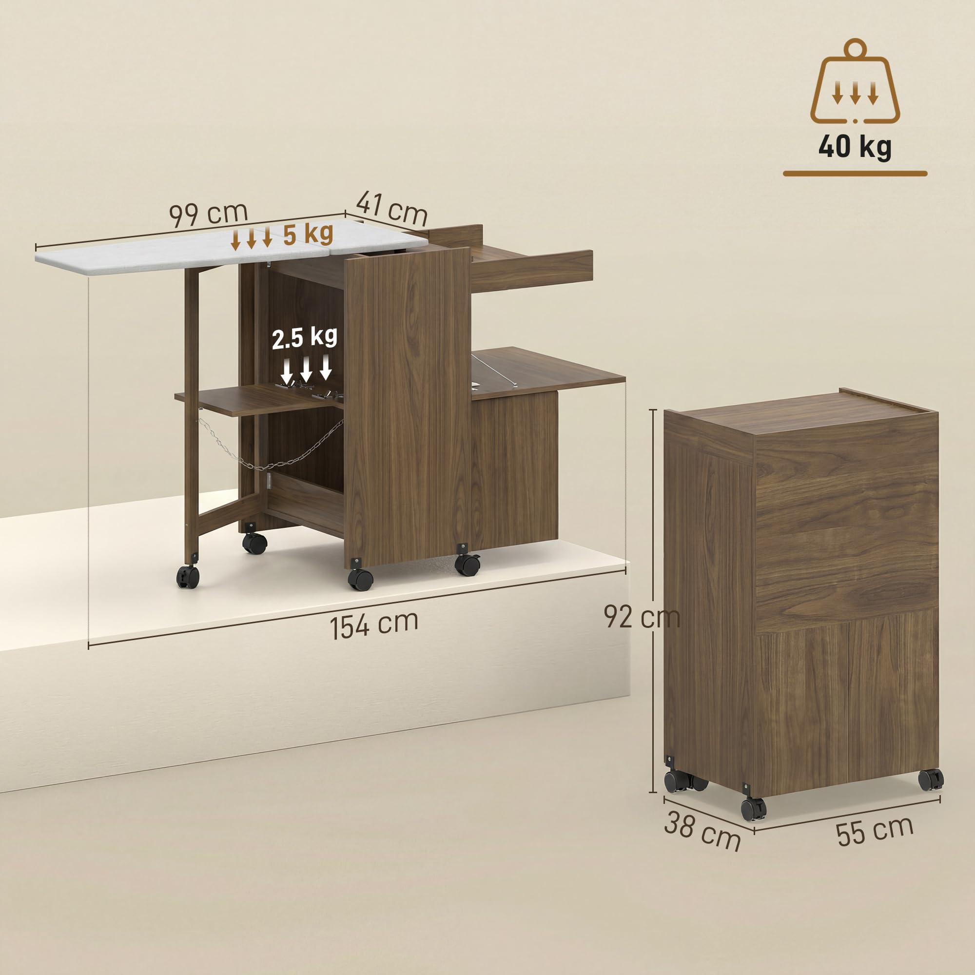 HOMCOM Bügeltisch, zusammenklappbar, mit Rädern, 154 x 55 x 87 cm, Braun | Bügeleisenhalter, Mehrzweckschrank mit Ablagen, offenes Fach, für Waschküche, Badezimmer