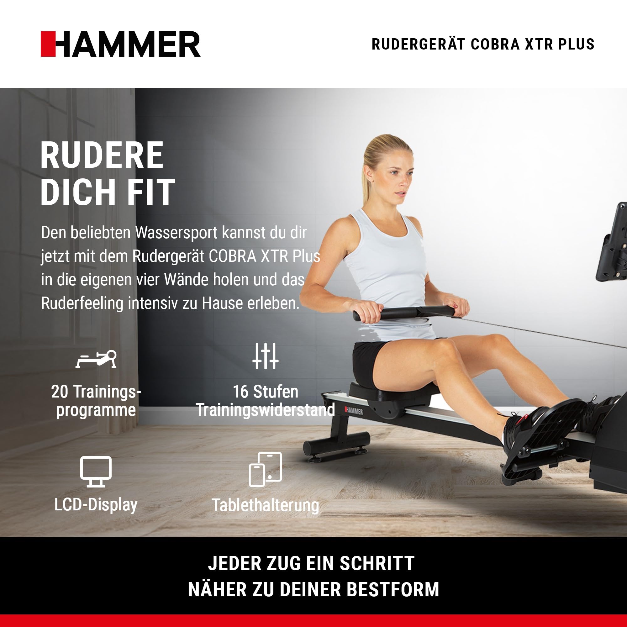 HAMMER Rudergerät Cobra XTR Plus II – Klappbare Rudermaschine mit innovativem Trainingscomputer, Rudergerät für zuhause bis 130kg, 20 Trainingsprogramme mit 4 Herzfrequenz-Programme