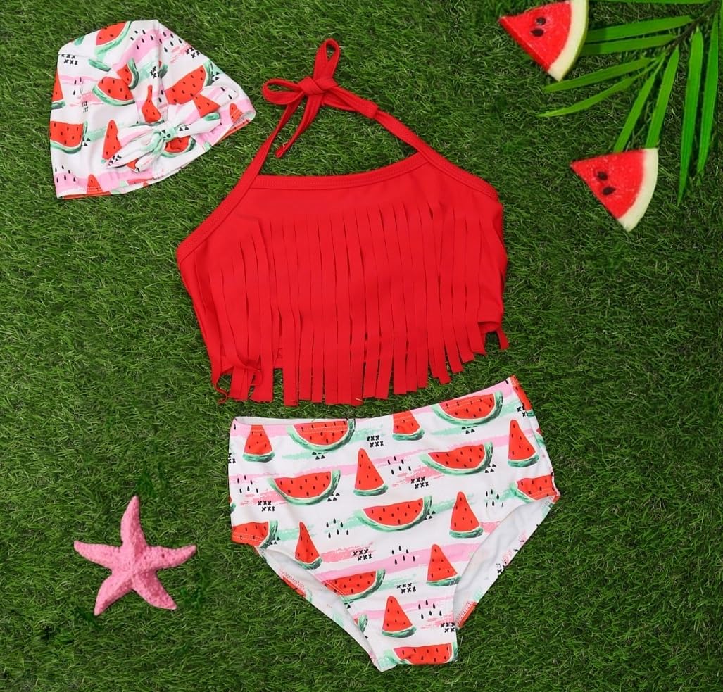 Yellow Bee Watermelon Tassels Bikini Swimsuit with Cap for Girls, Red and White (1-2 Years) - Image 3 thumbnail