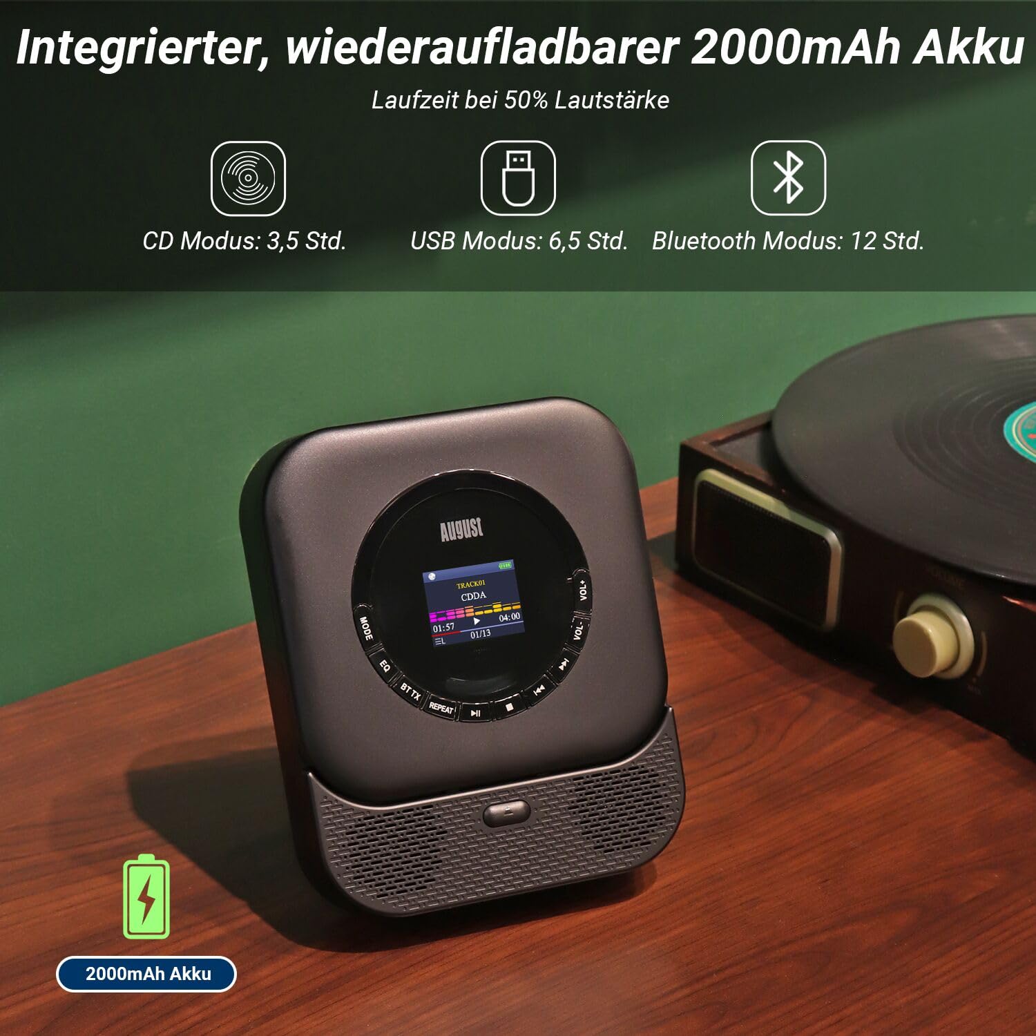 August SE15 Tragbarer Bluetooth 5.3 CD Player mit Lautsprecher 3,5mm Audio In/Out Wiederaufladbar CD Spieler mit USB/Equalizer/Überspringschutz/Wiederholungsmodus/Wandhalterung/Ohrhörer&Fernbedienung
