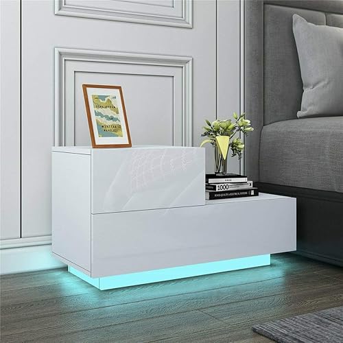 Miniatura 6 de HOMMPA Mesita de noche LED pequeña, moderna mesa de noche blanca de alto brillo con 2 cajones, mesita de noche con luz LED, mesa auxiliar con