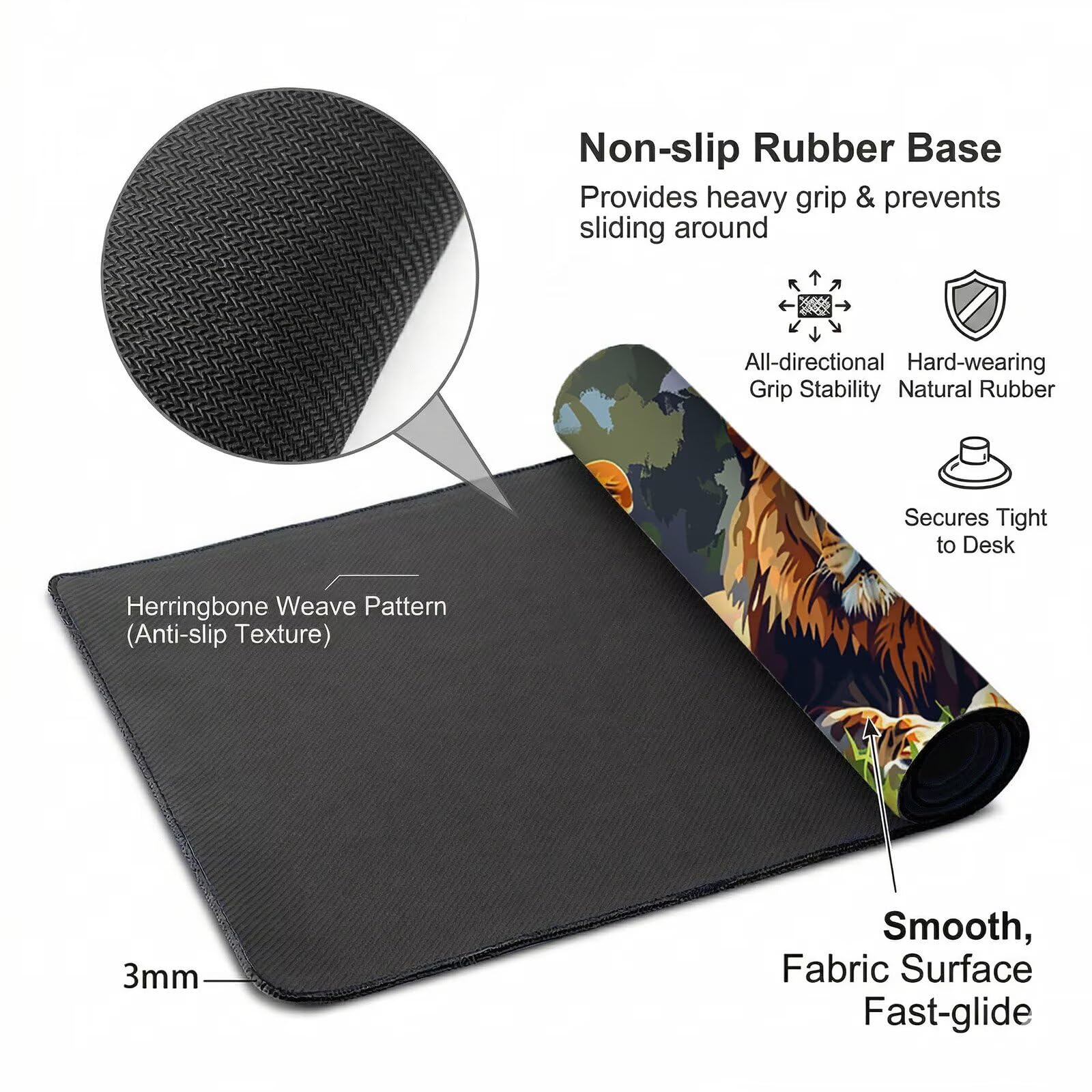 Alfombrilla Ratón XXL 1200 x 600 x 3 mm, Alfombrilla Escritorio, León Grande Protector de Mesa con Base de Goma Antideslizante y Bordes Cosidos, Impermeable, para Oficina, PC, Gaming (Animal) L-x7122