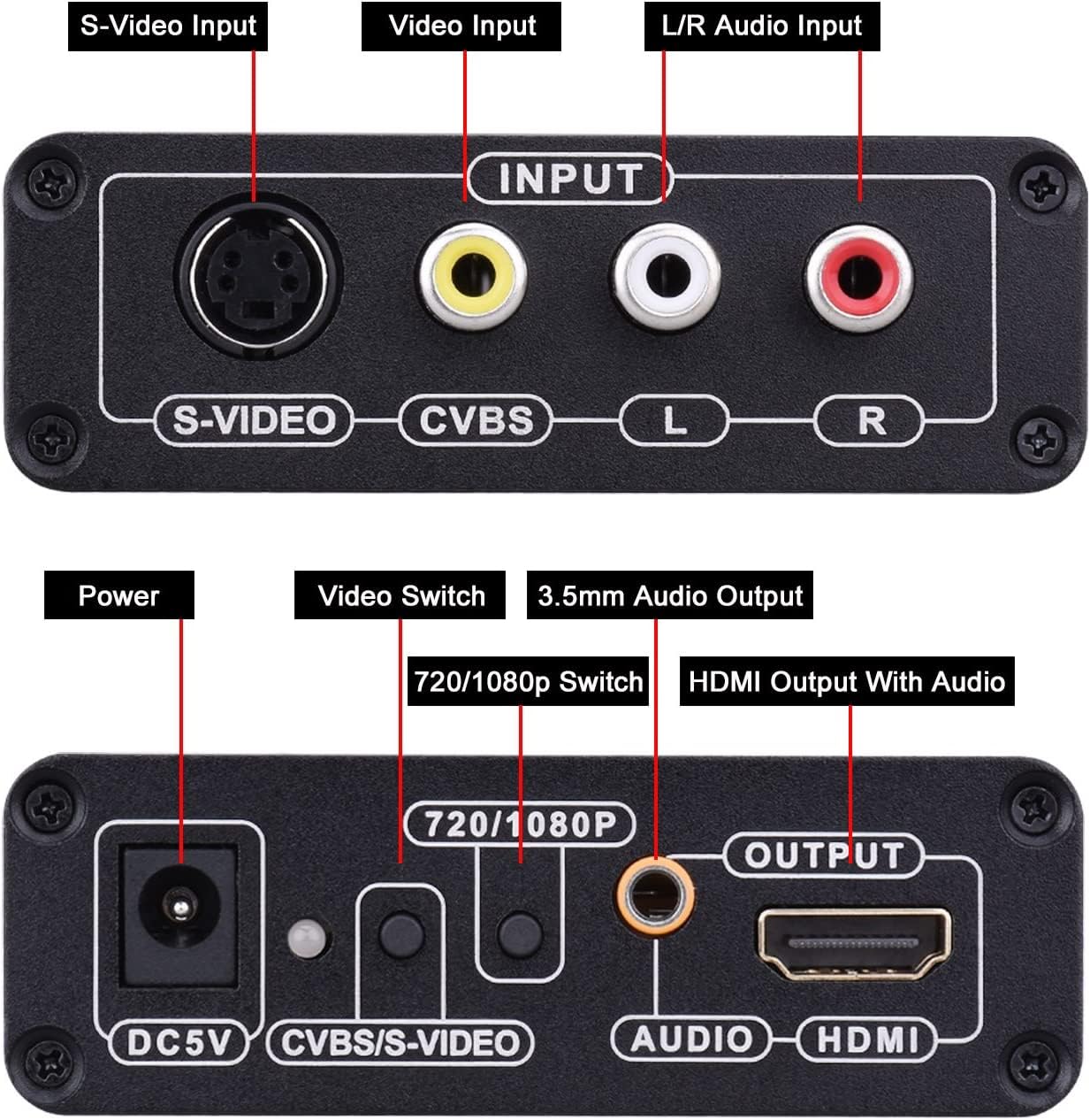 INF Convertitore AV e S-Video a HDMI, convertitore di segnale, supporto 720P e 1080P, interfaccia HDMI L/R, 1 convertitore video, 1 cavo di alimentazione