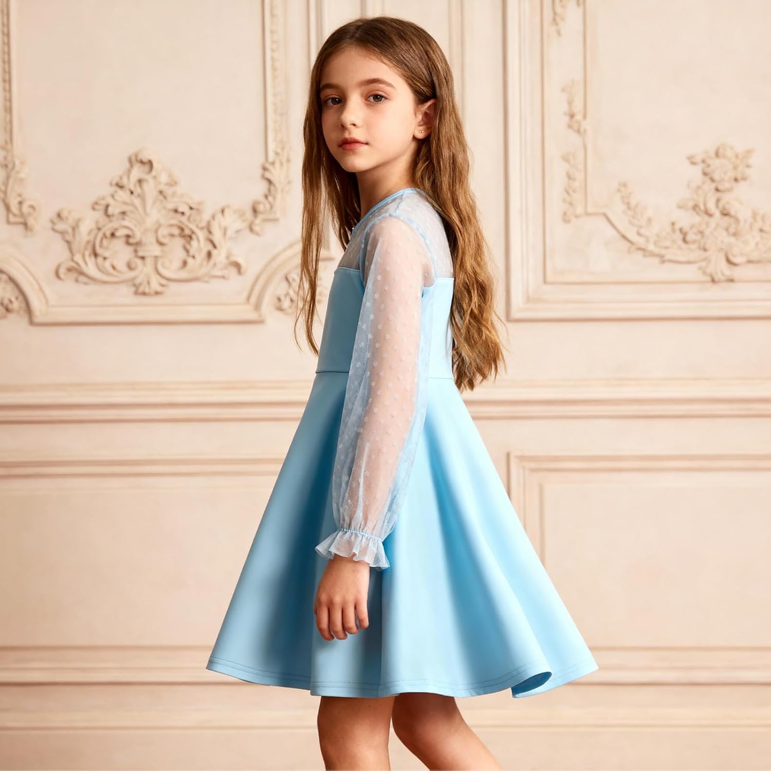 Girls Christmas Dress Girls Contrast Mesh Long Sleeve High Waist Party Formal A Line Short Tulle Dress 5-14 Years - Image 9