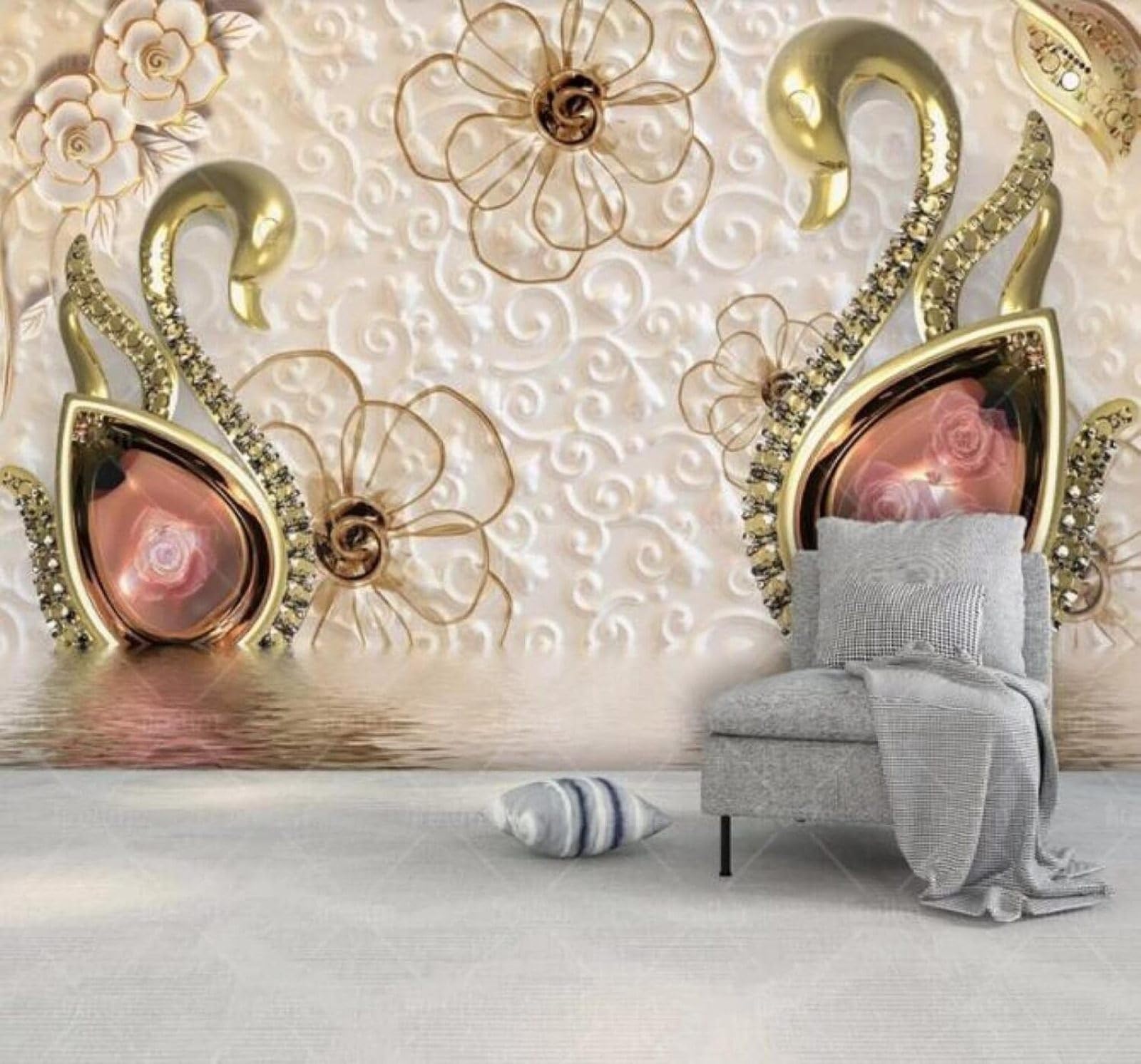 Xlming 400Cm×280Cm(B×H) Relief Light Luxury Gold Roses Swans 3D Wallpaper Luxury Silk Study Dining Feature Sofa Grey Bedroom Living Room Tv Decorative Wall-400Cm×280Cm