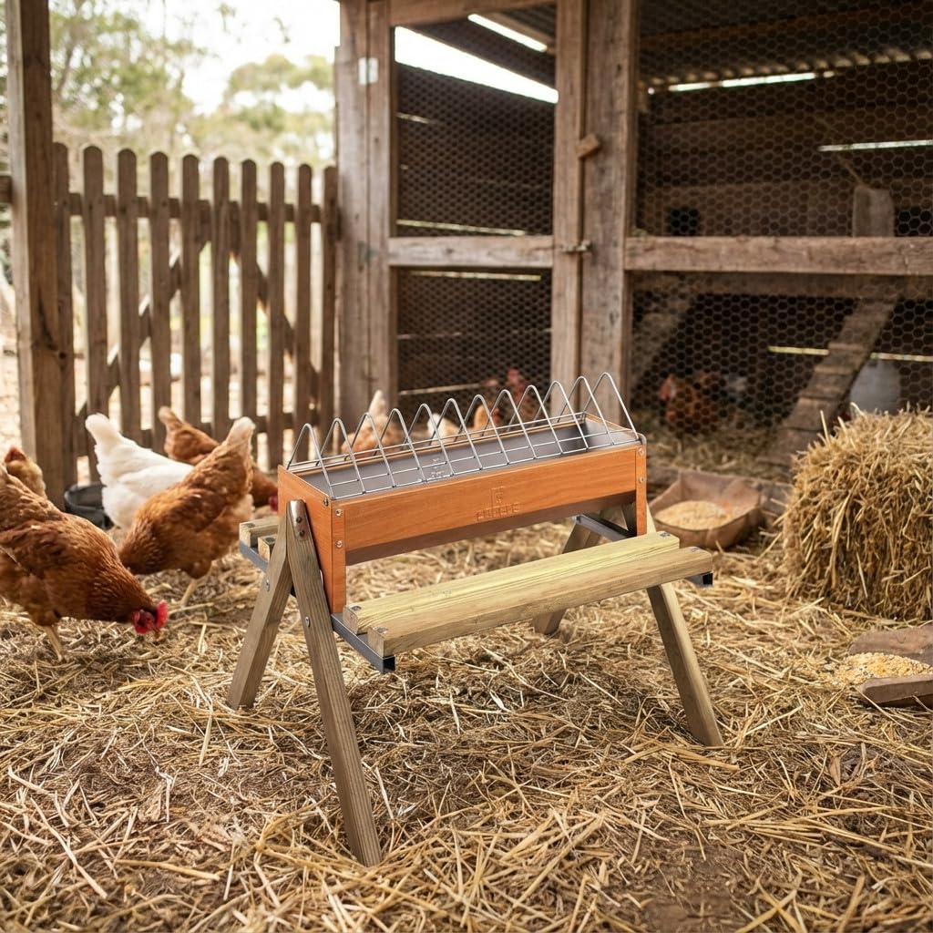 Suinga COMEDERO GALLINAS Corral con Patas Fabricado en Madera Largo 56 x Ancho 20 cm x Alto 60 cm