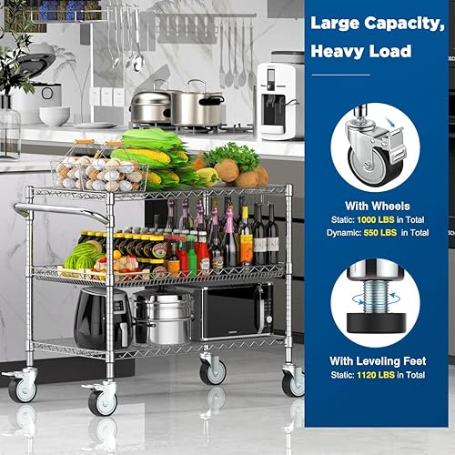 Miniatura 8 de Carrito rodante de 3 niveles resistente con ruedas, certificado NSF, capacidad de 1120 libras, carrito utilitario rodante de grado comercial con