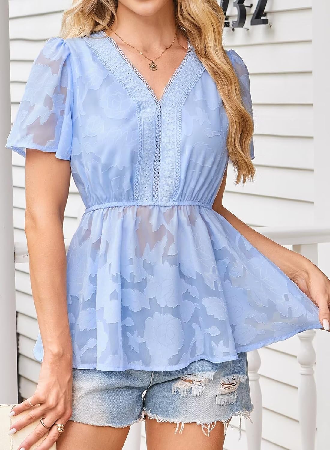Womens Tops Short Sleeve Lace V Neck Blouses Babydoll Flowy Casual Empire Shirts Boho Peplum Chiffon Tunics - Image 4