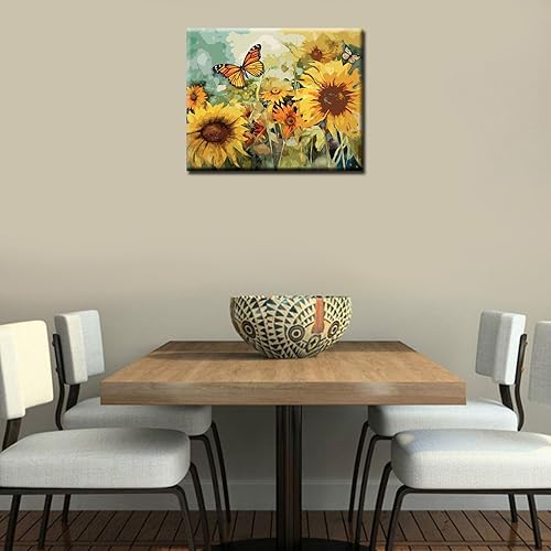 Miniatura 3 de Tucocoo Kits de pintura de paisaje de girasoles por números con pinceles y pigmento acrílico sobre lienzo para adultos, patrón de mariposas y flores