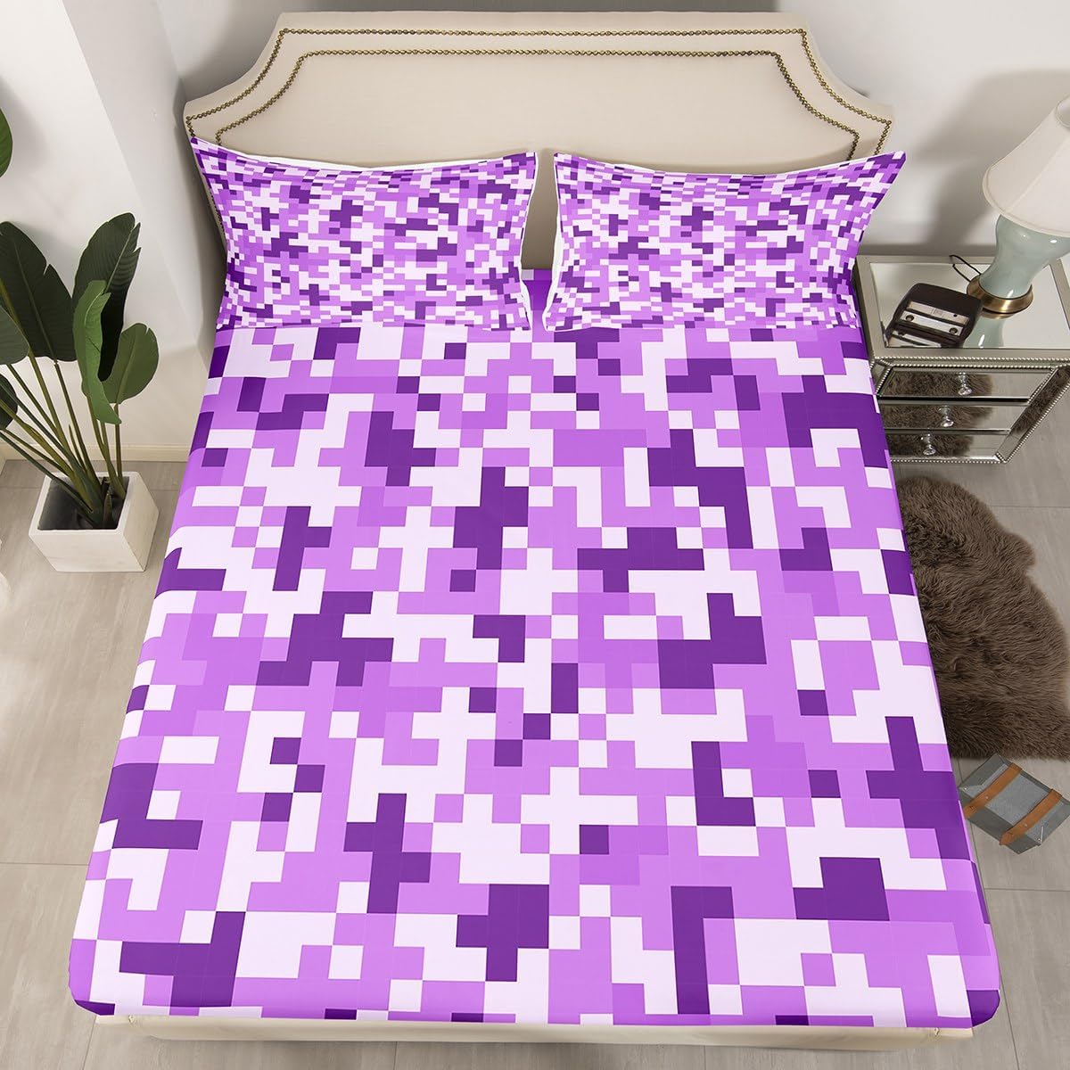 Cartoon Sword Fitted Sheet Full Size,Pixelated Themed Games Bedding Sets 3Pcs,Blue Sandbox Block Bed Sheets for Kids Boys Teens Men Room Decor,Grey Check Camo Deep Pocket Sheet,2 Pillowcases