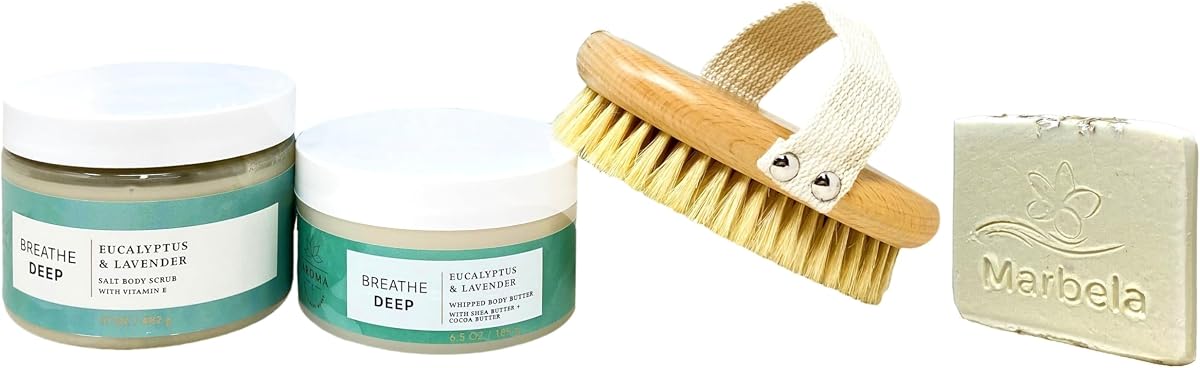 Bath & Body Works Aroma Breathe Deep Eucalyptus Lavender 3 Piece Gift Set - Body Scrub, Body Butter and a Dry Brush - with a Natural Oats Sample Soap