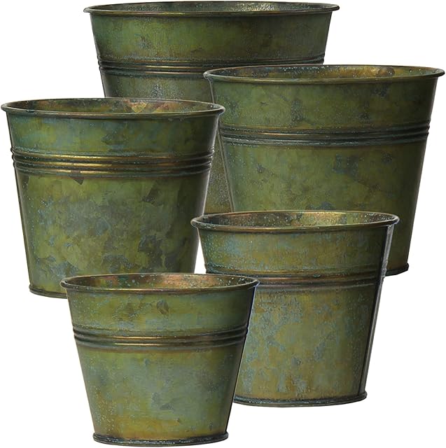 Oairse Set of 5 Plant Pots Outdoor Galvanised Planter Garden Planters Metal Plant Pots Vintage Zinc Round Bucket Flower Pot Rustic Container for Plant or Decorative Home Modern Farmhouse Indoor