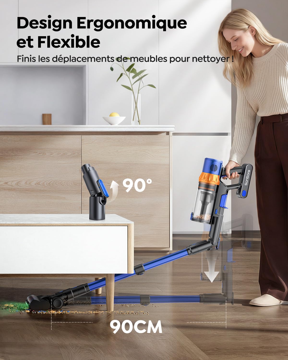 SunSare Aspirateur Balai sans Fil, 650W/55KPA/70Mins Aspirateur sans Fil Puissant avec Pliable Adaptateur, Tuyau 1M, Parfumé, Chargement Mural, Aspirateur Balai pour Poils d’Animaux/Sols/Tapis