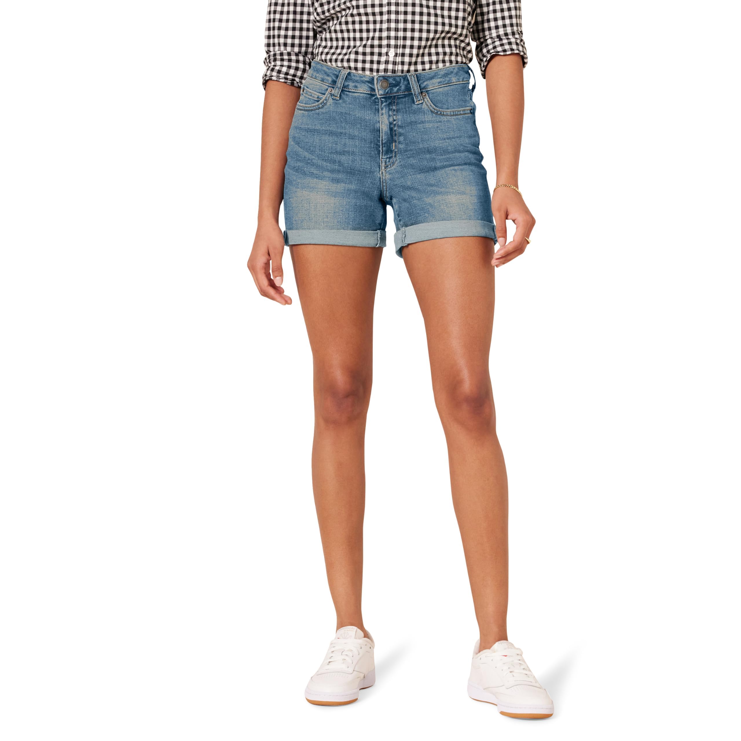Amazon Essentials Damen Jeansshorts In Schmaler Passform Mit Mittelhohem Bund, 10 cm, Mittlere Waschung, 48