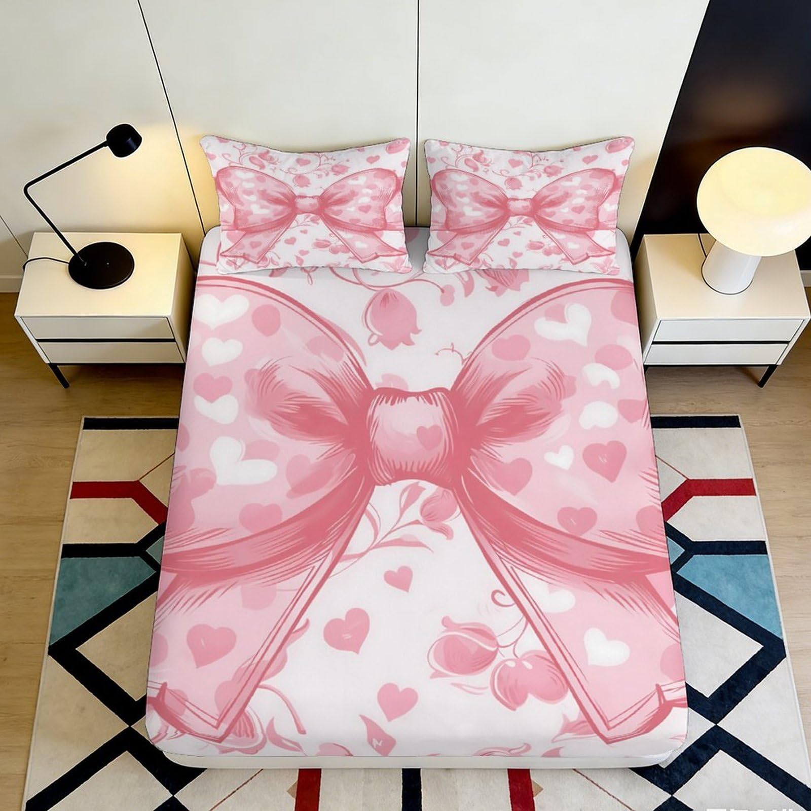 3D Printed Pink Bow Fitted Sheet Microfiber Soft Breathable Heart Pattern Bed Cover for Bedroom Dormitory Guest Room Mattress Protection Decor 180x200x25cm