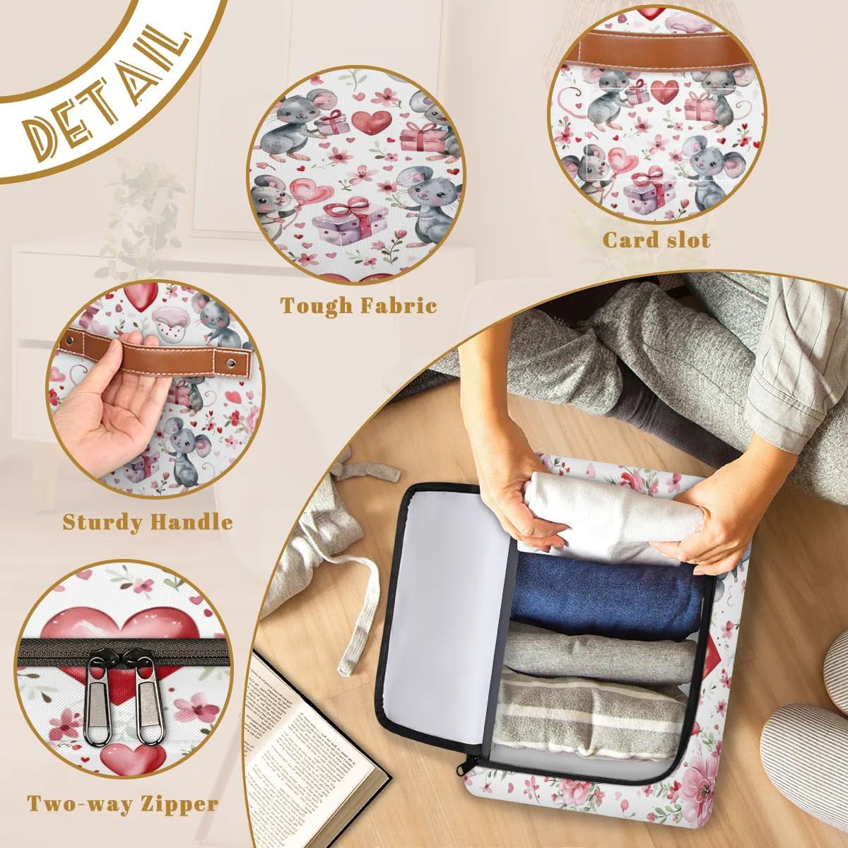 Cute Love Mouses Storage Box with Lid and Handles Foldable Cloth Storage Basket Bin Bags for Shelves Closet Shelf Toys Clothes Bed Sheets Organizer 2 Pack