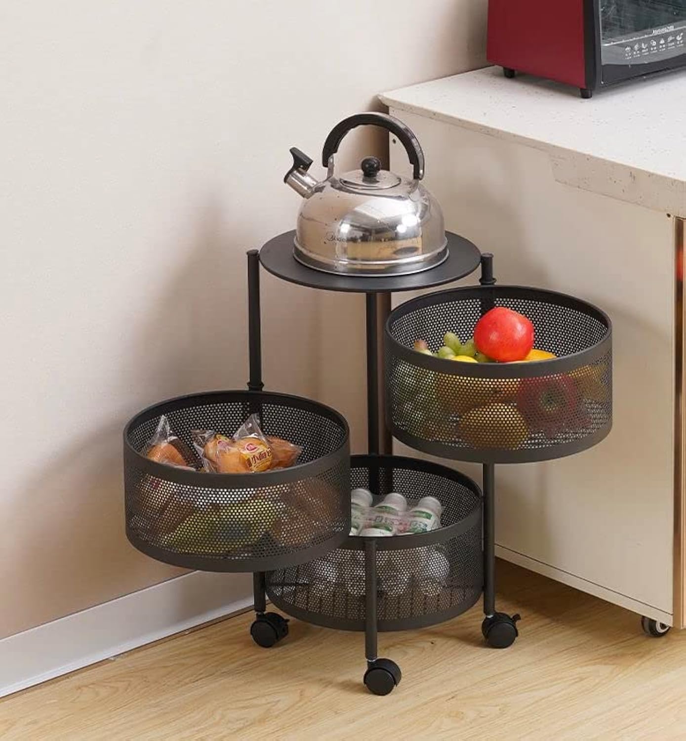 HONELEVO Multi-function Home Kitchen Bathroom Storage Rack Rotating Square Rack Basket Household Items Fruits And Vegetables Storage Rack (3 Layer(Round))