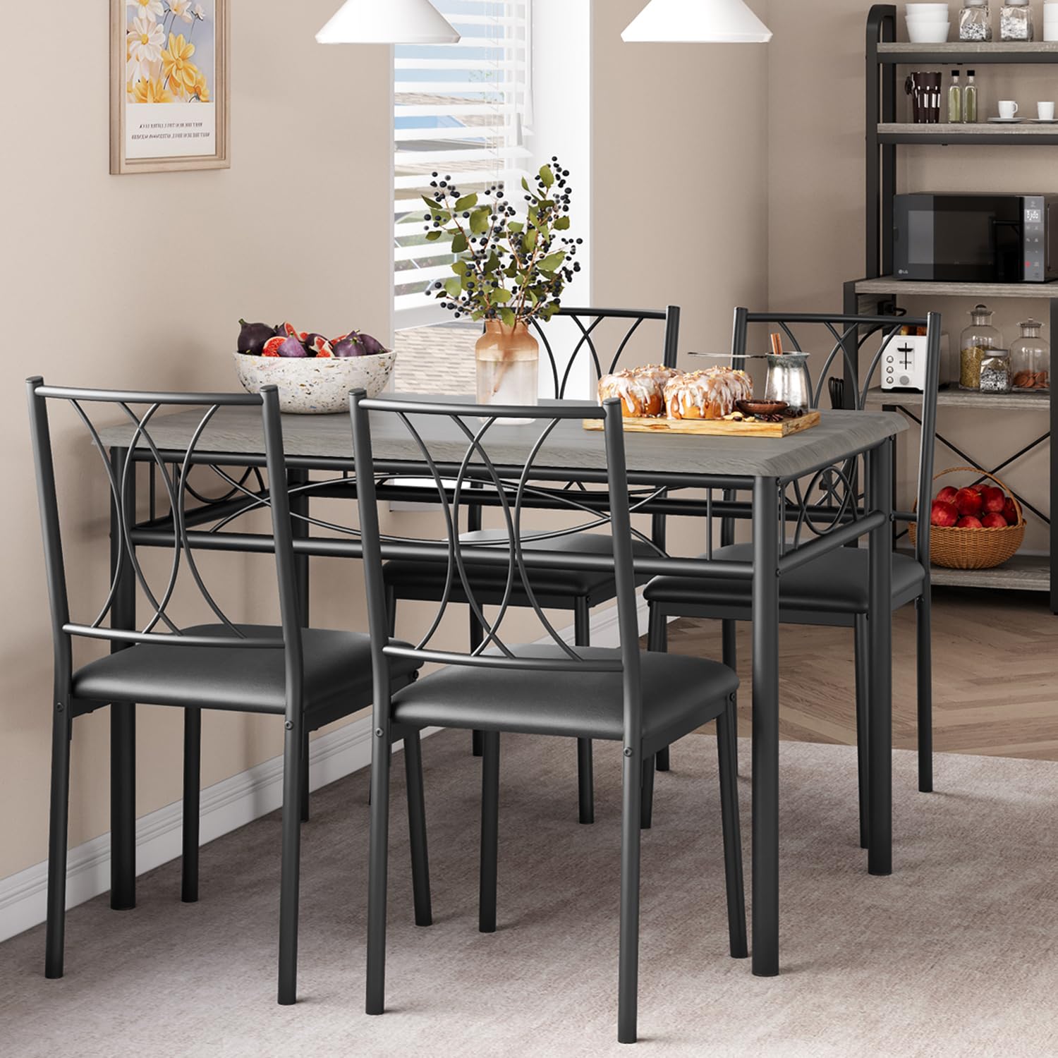 Dining Table Set for 4, Kitchen Table and Chairs, Dining Room Table Set with 4 Upholstered Chairs, Kitchen Table Set Rectangular Dining Table for Small Space, Apartment, Breakfast, Rustic Grey